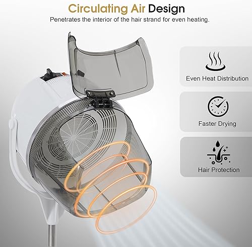 Miniatura 4 de BarberPub Secador de capó de pelo con capucha de 1300 W con soporte, base rodante de pie de altura ajustable, equipo de salón de belleza con