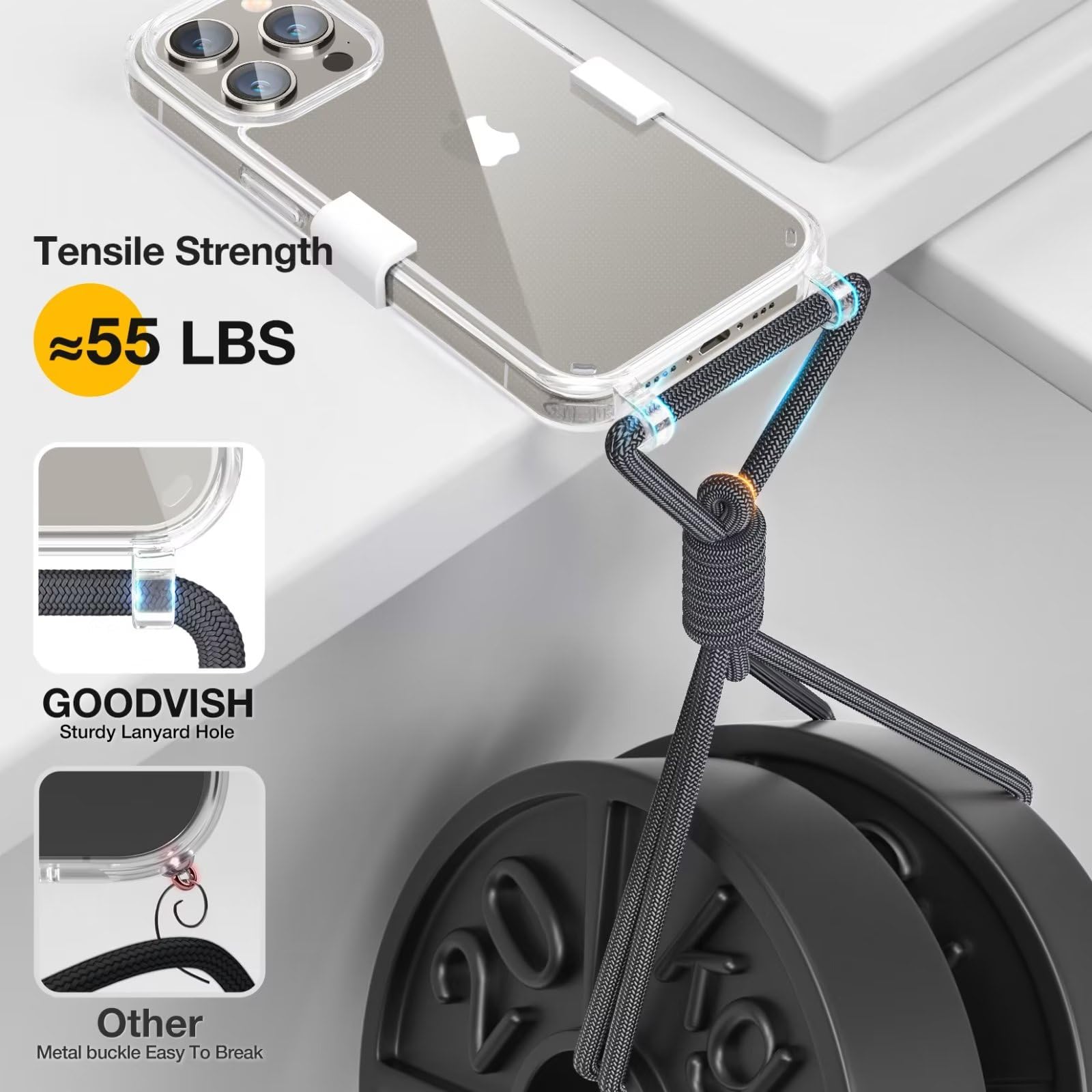 GOODVISH Cover Trasparente con Cordino per iPhone 15 Pro, Custodia con Regolabile Collana per iPhone 15 Pro 6.1'', [Antiurto] [AntiGraffio] [Antiscivolo] Case con Laccio Tracolla, Grigio