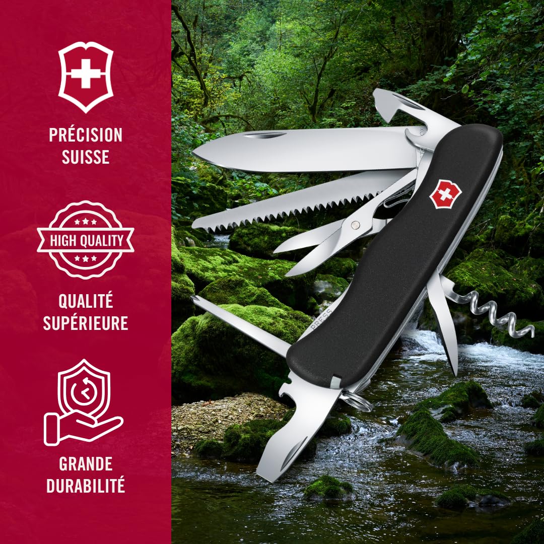 VICTORINOX Couteau Suisse Outrider, 14 Fonctions, Outil Multifonction avec Lame Blocable, Ouvre-Boîtes, Tournevis 3 mm, Tire-Bouchon, Noir