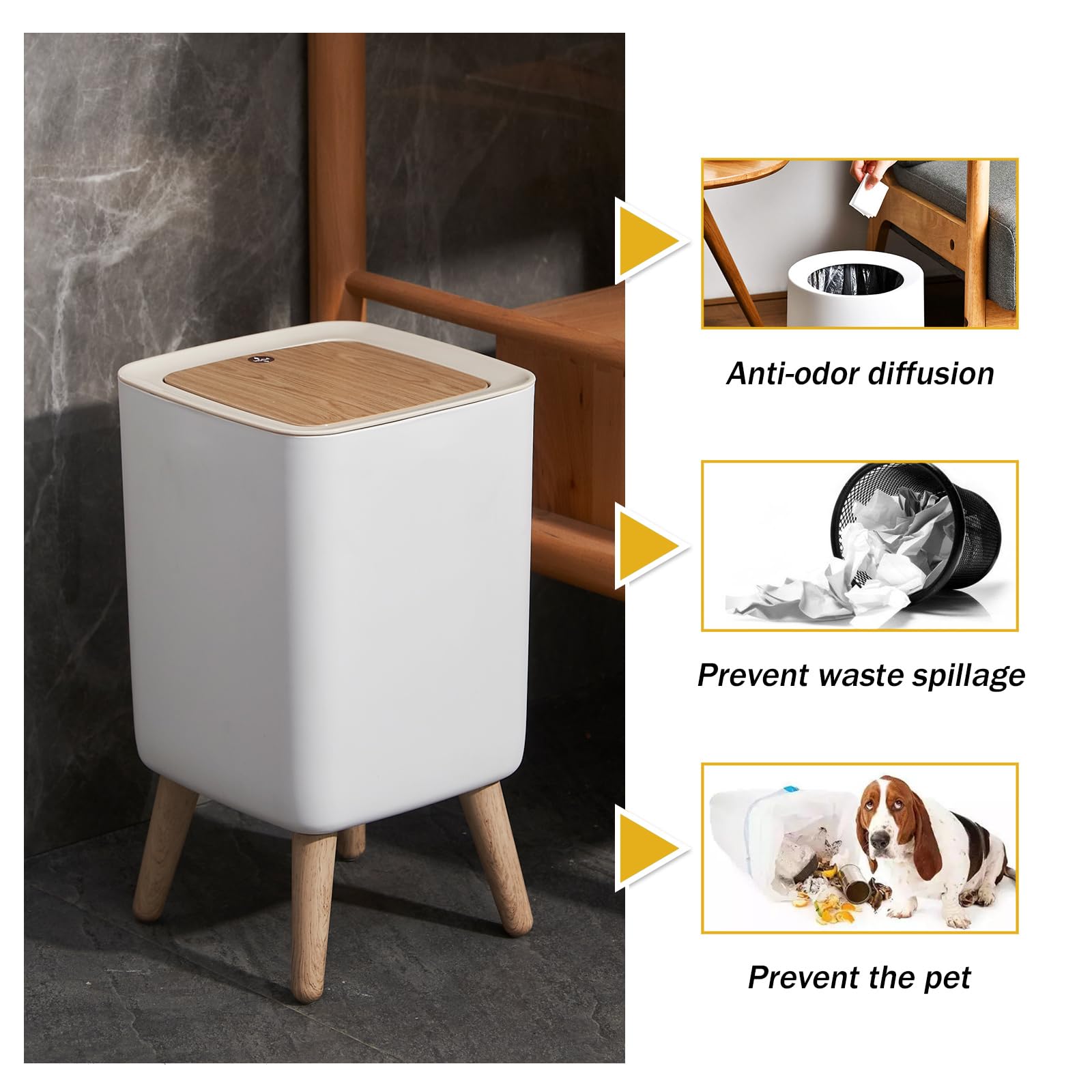 URALFA Cestino quadrato da 7 litri con coperchio, piccolo bidone della spazzatura da bagno con coperchio pop-up, cestino a prova di cane, cestino per la spazzatura per camera da letto, cucina,