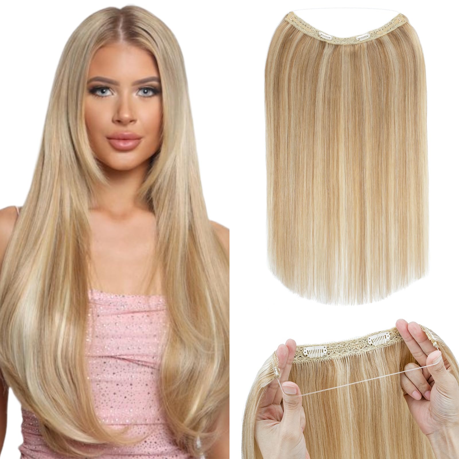 Silk-co Extensions de cheveux humains Remy à clips invisibles - une pièce - raides - naturels invisibles - extensions de cheveux à fil secret - 30,5 cm - 55 g - #18P613 Blond cendré et blond décoloré