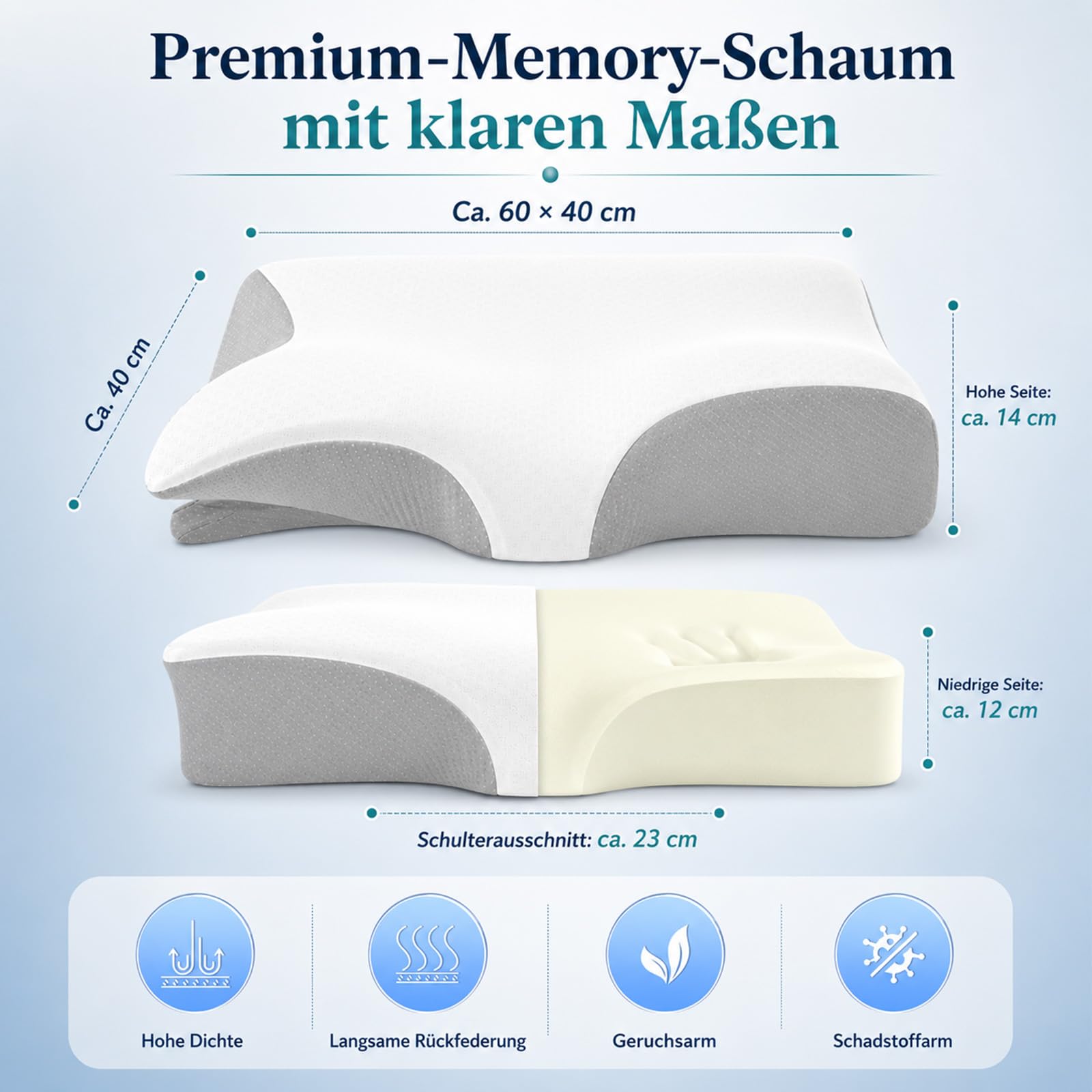Nucca Kissen, Ergonomisches Nackenstützkissen aus Dual-Density-Schaum | Drei Komfortzonen, seitliche Armaussparungen und waschbarer Bambusmix-Bezug für Rücken-, Seiten- und Wechselschläfer.