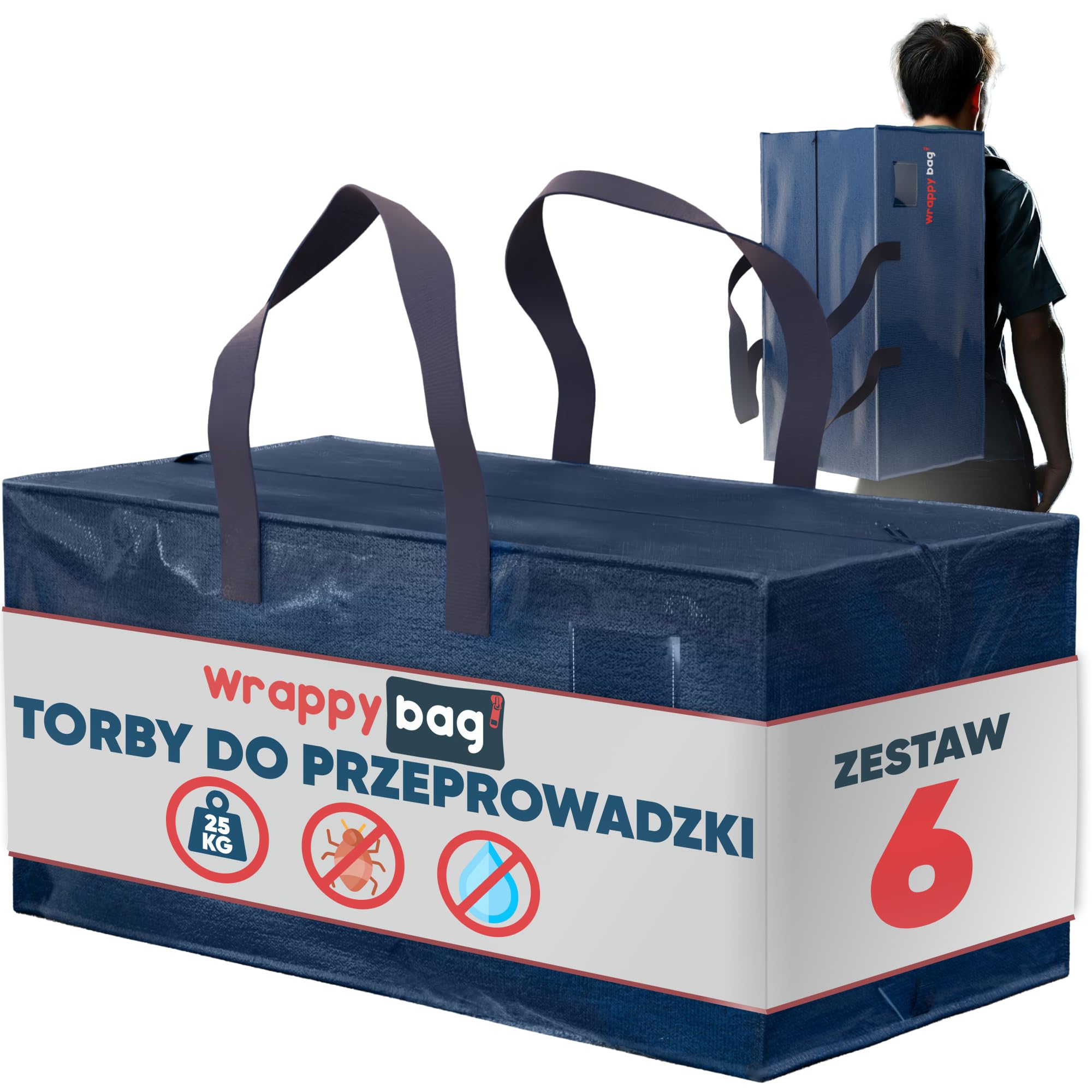 WRAPPYBAG Zestaw 6 Dużych Toreb do Przechowywania w Formie Plecaka – Torby Jumbo XXL – Przeprowadzka Podróż – Solidne, Grube Wodoodporne Wzmocnionymi Uchwytami – Na Odzież, Pościel – 76 x 36 x 38 cm