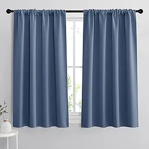 RYB HOME Short Kitchen Curtains, Room Darkening Drapes Thermal Insulated Small Window Coverings Full Privacy Protection for Bedroom Bathroom Dining Room, Stone Blue, W42 x L45 inch, 2 Panels