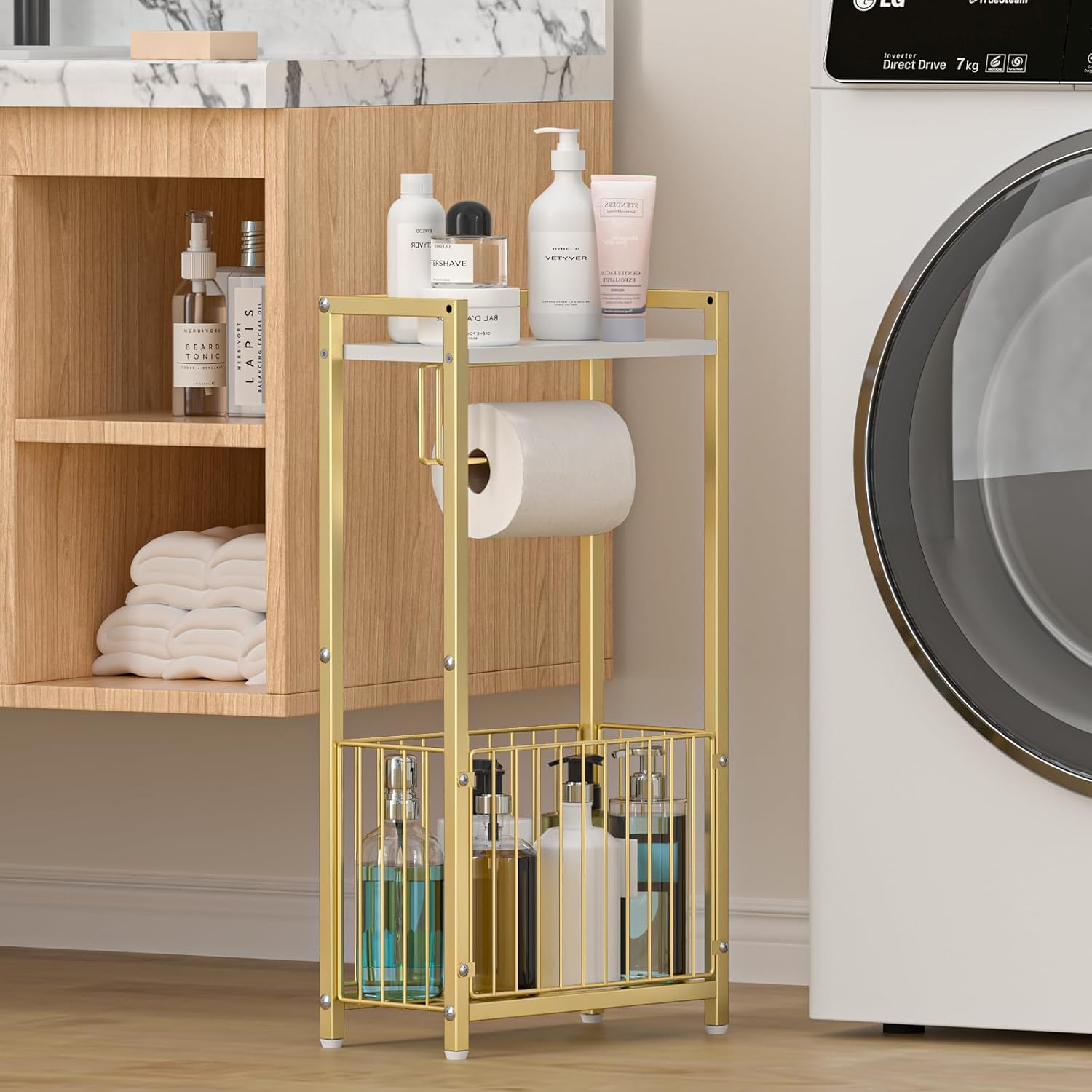 Toilet Paper Holder with Storage Shelf - Freestanding Roll Dispenser for Bathroom, Bathroom Organizer for Tissues and More Gold