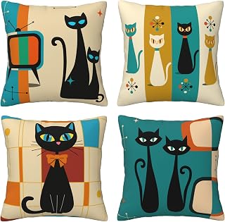 Mid Century Black Cat Pillow Covers 18x18 Inch Set of 4 Midcentury Modern Throw Pillow Covers Vintage Decor Square Pillowcase for Cushions Sofa Bed Cushion and 