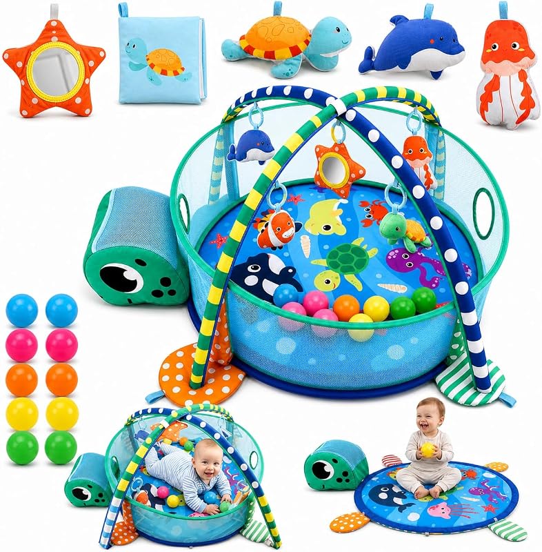 2-in-1 Turtle Baby Play Gym & Ball Pit, Newborn Activity Mat | ocean theme, tummy-time support, sensory floor use, 5 detachable hanging pieces