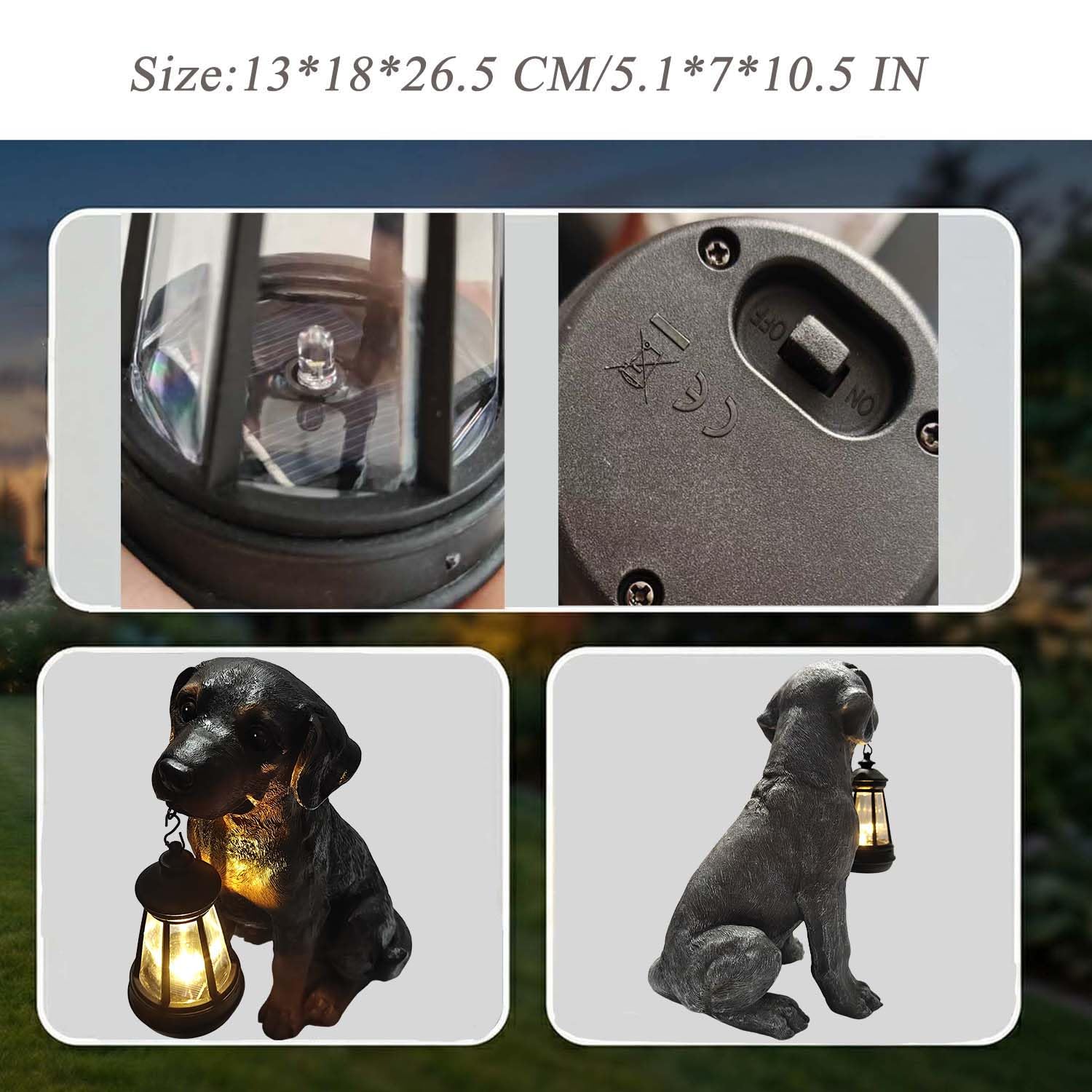 Statua a forma di cane con lanterna solare, statua per esterni, decorazione per la casa per giardino, cortile, portico, patio, 26 cm, decorazione per cuccioli, luci, regalo per compleanno, San