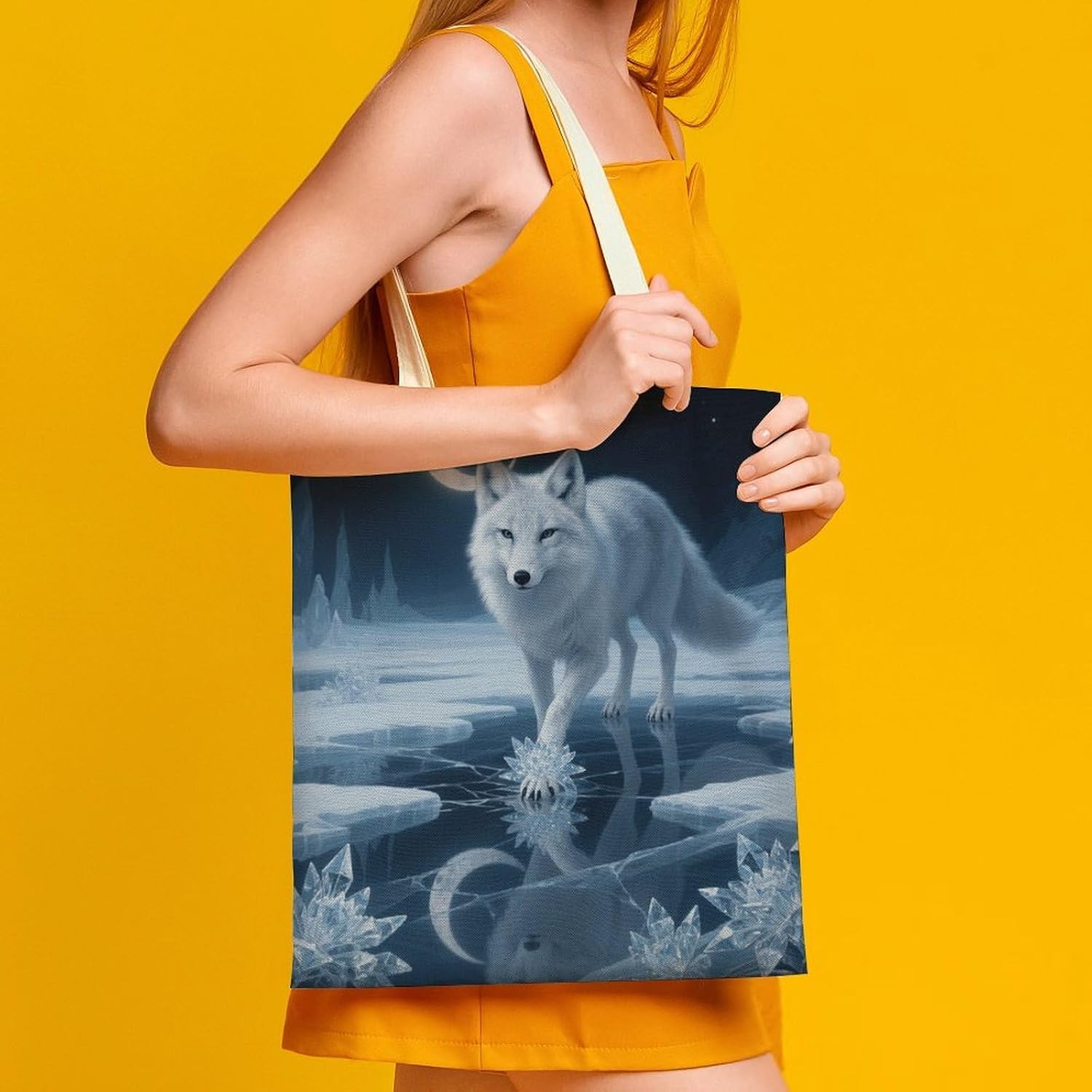 Canvas Tote Bag 16x15 In Lightweight Foldable Shoulder Hobo Purse | Moonlight Silver Fox, Casual Tote with 10" Strap, Everyday Carryall, for Travel Work Grocery Shopping Beach Mark Gym Yoga