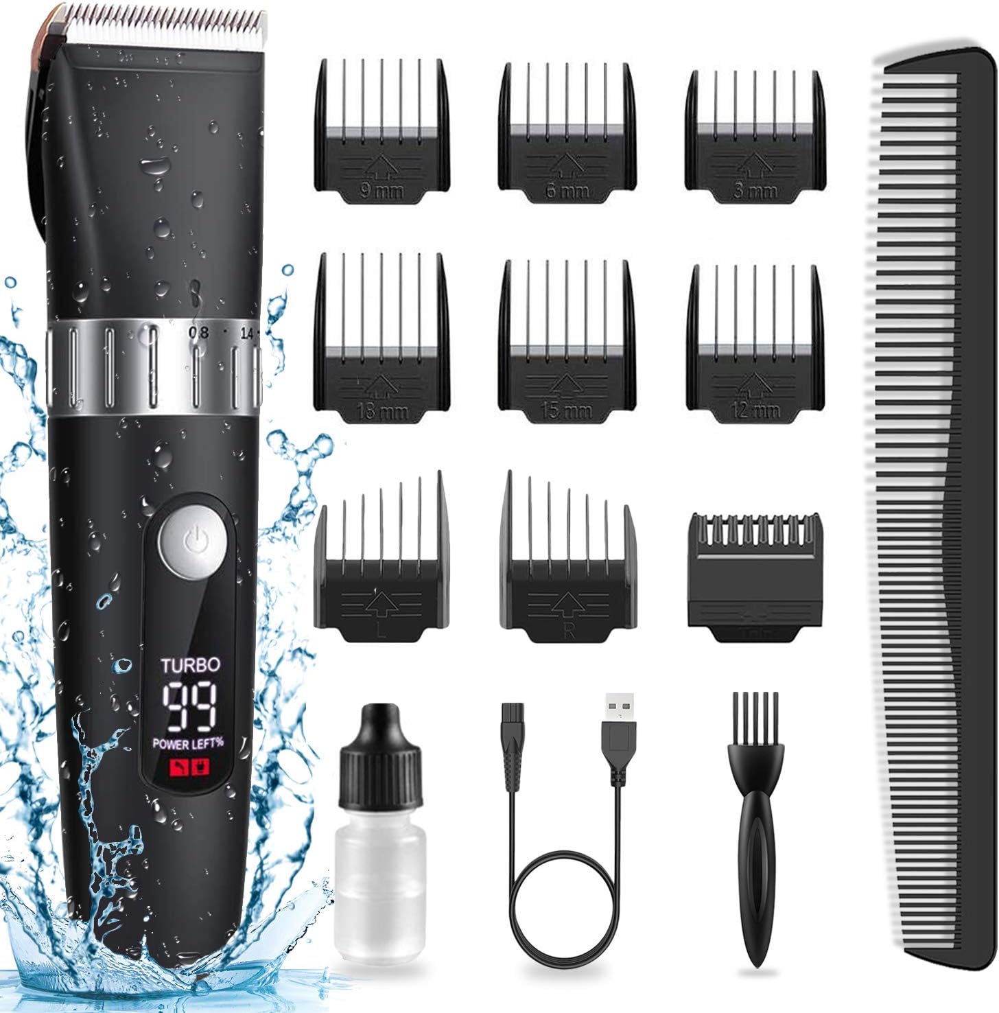 Mens Hair Clippers Cordless, Professional Rechargeable Beard Trimmer Grooming Cutting Machine Kit - Adjustable Precision Blade, 9 Guide Combs for Barbers, LED Display & Waterproof