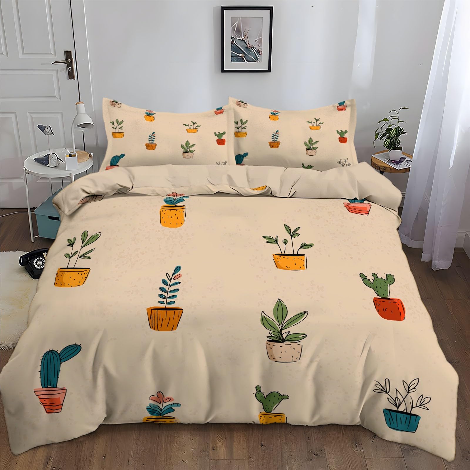 Single Duvet Cover Set with Zipper Closure, Reversible Minimalist Cartoon Hand Drawn Cactus Pot Quilt Cover Set for Teen Kids Boys Girls Adult, Soft Durable Microfiber Beige Bedding with Pillowcases