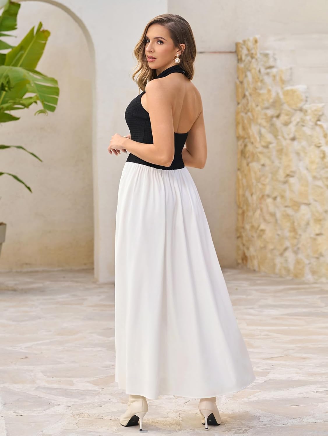 HTZMO Women Fall Knit Flowy Wedding Guest Maxi Dresses Sexy Backless Halter Neck Patchwork Cocktail Party Long Dress - Image 2