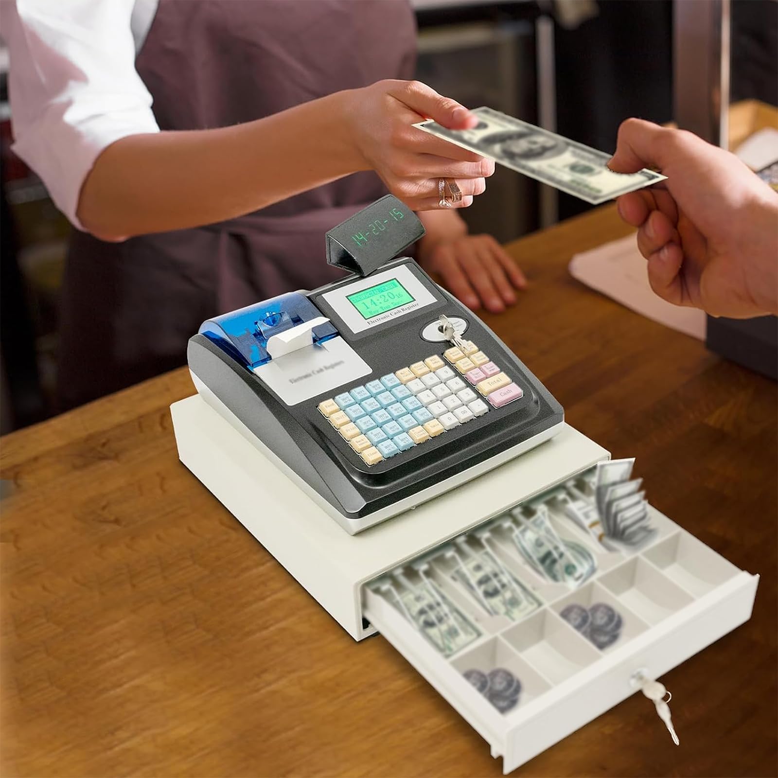 Caja Registradora Electrónica (de Cajón), para Pequeñas Empresas, con Doble Gestión (Llave Y Contraseña), Pantalla LED8 para Clientes, para Restaurantes Y Supermercados,White