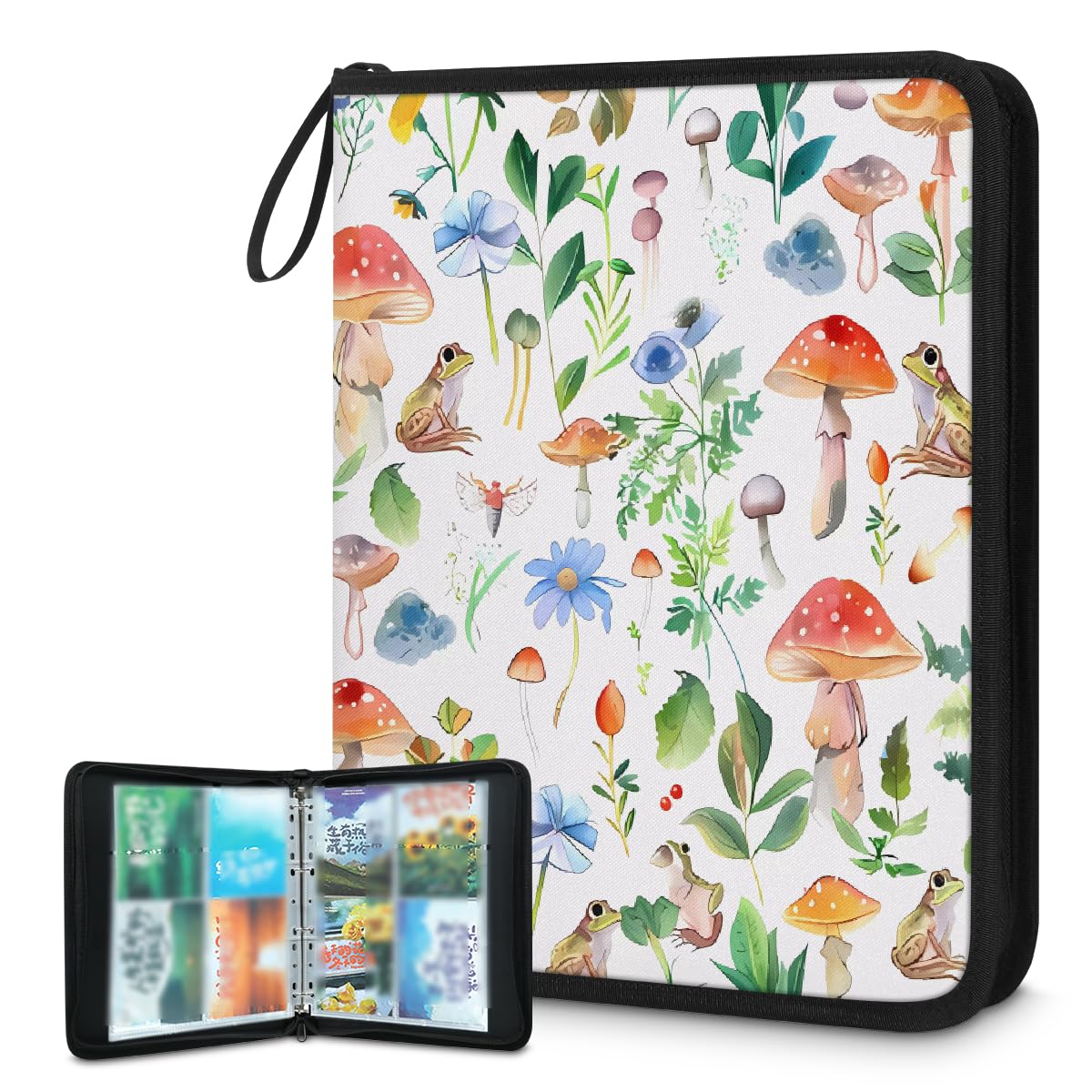 Raccoglitore per carte collezionabili con 4 tasche ad acquerello a forma di fungo, raccoglitore per carte con foglie di rana, con maniche rimovibili, impermeabile, con cerniera, 50 pagine, capacità