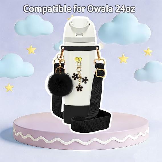 6Pcs Accessories for Owala Water Bottle 24oz 32oz,Adjustable Handle Strap,Plush Ball,Flower Charms,Rubber Ring,Heart-Shaped Hook,Charms,Siliocne Boot for FreeSip 24oz 32 oz