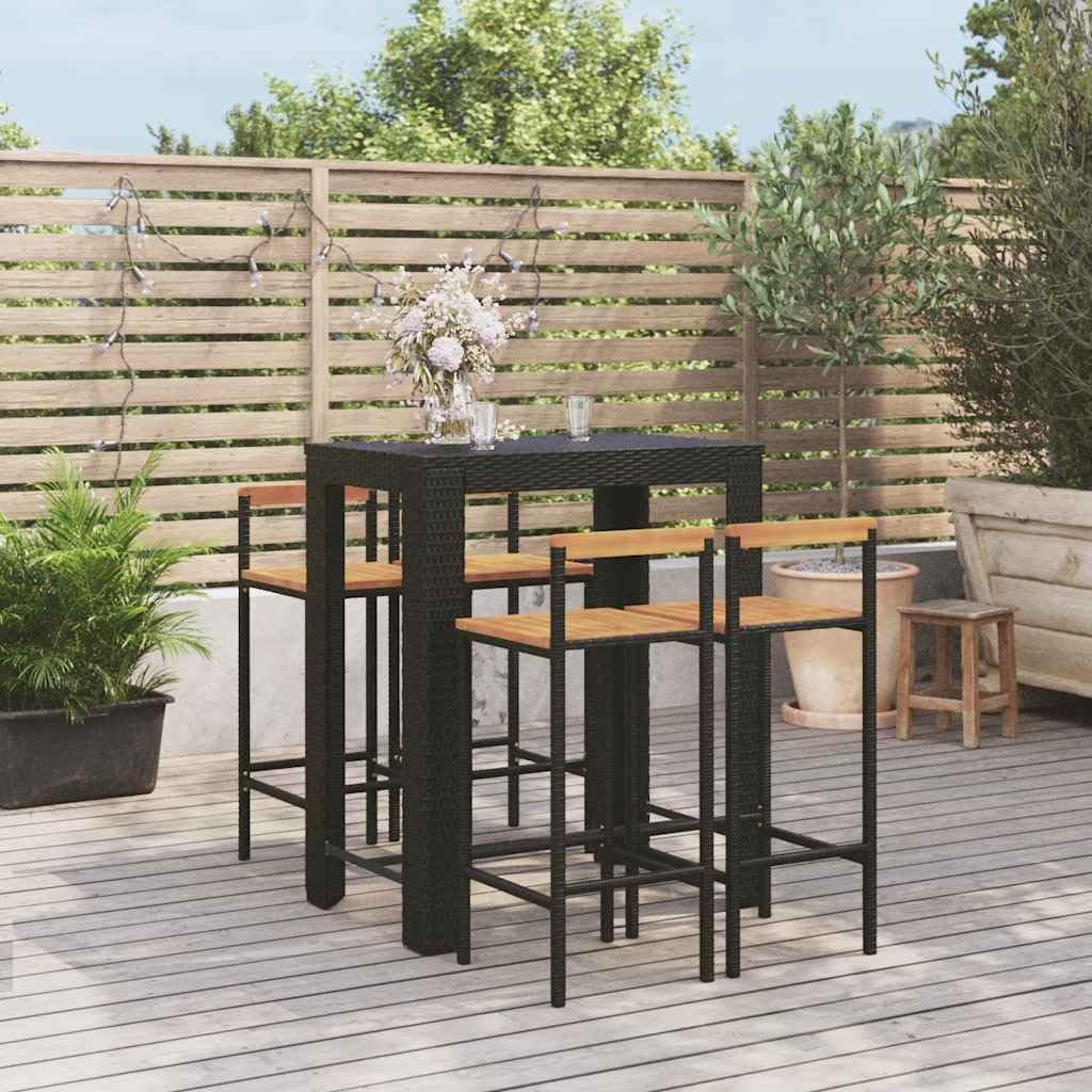 Juego de 5 barras de jardín negro de ratán de polietileno y madera de acacia para terraza, balcón, jardín, porche, exterior, salón con taburetes y mesa para fiestas relajadas y relajantes