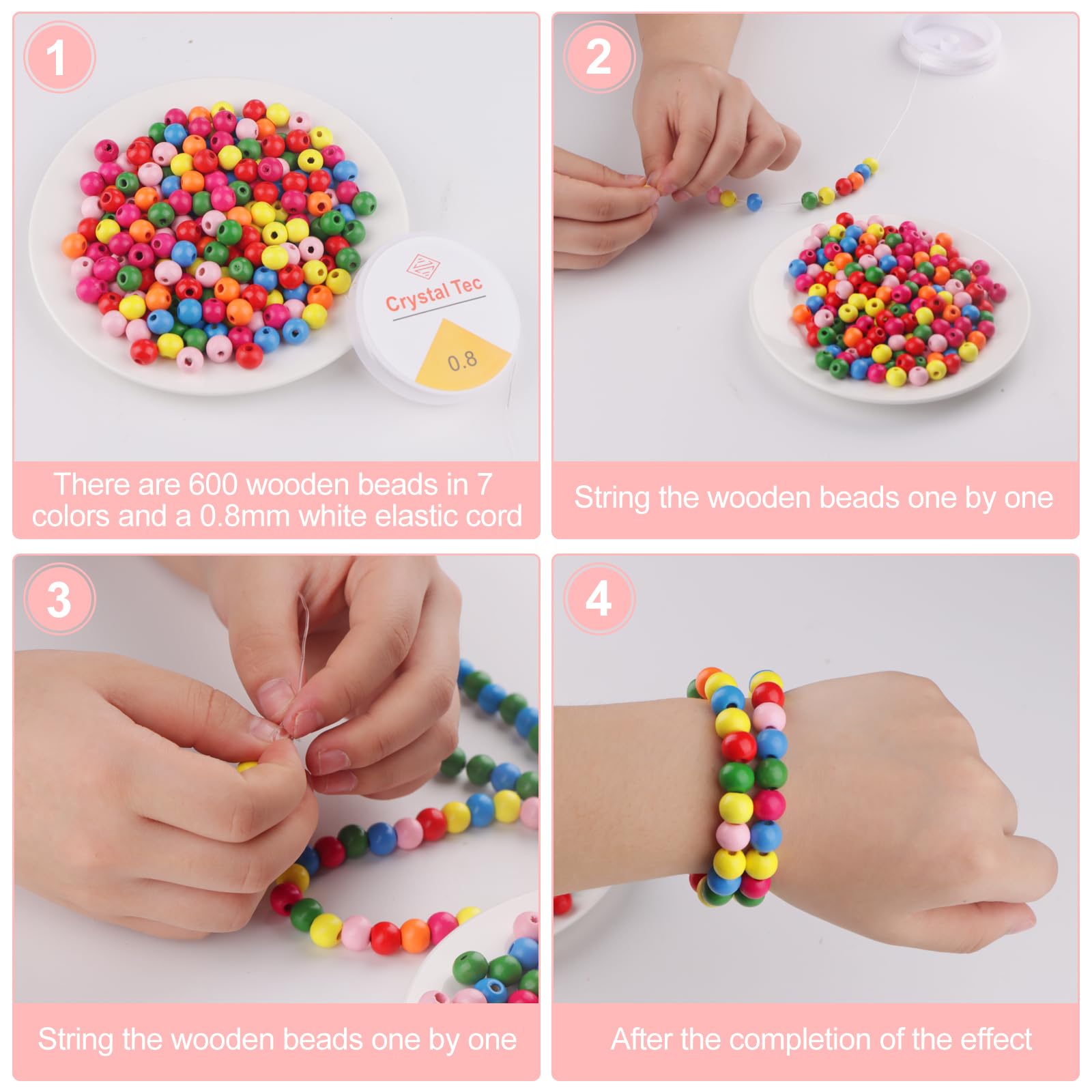 600 Perline Di Legno Colorate Per Braccialetti Fai Da Te + Corda Elastica - Kit Gioielli Per Bambine