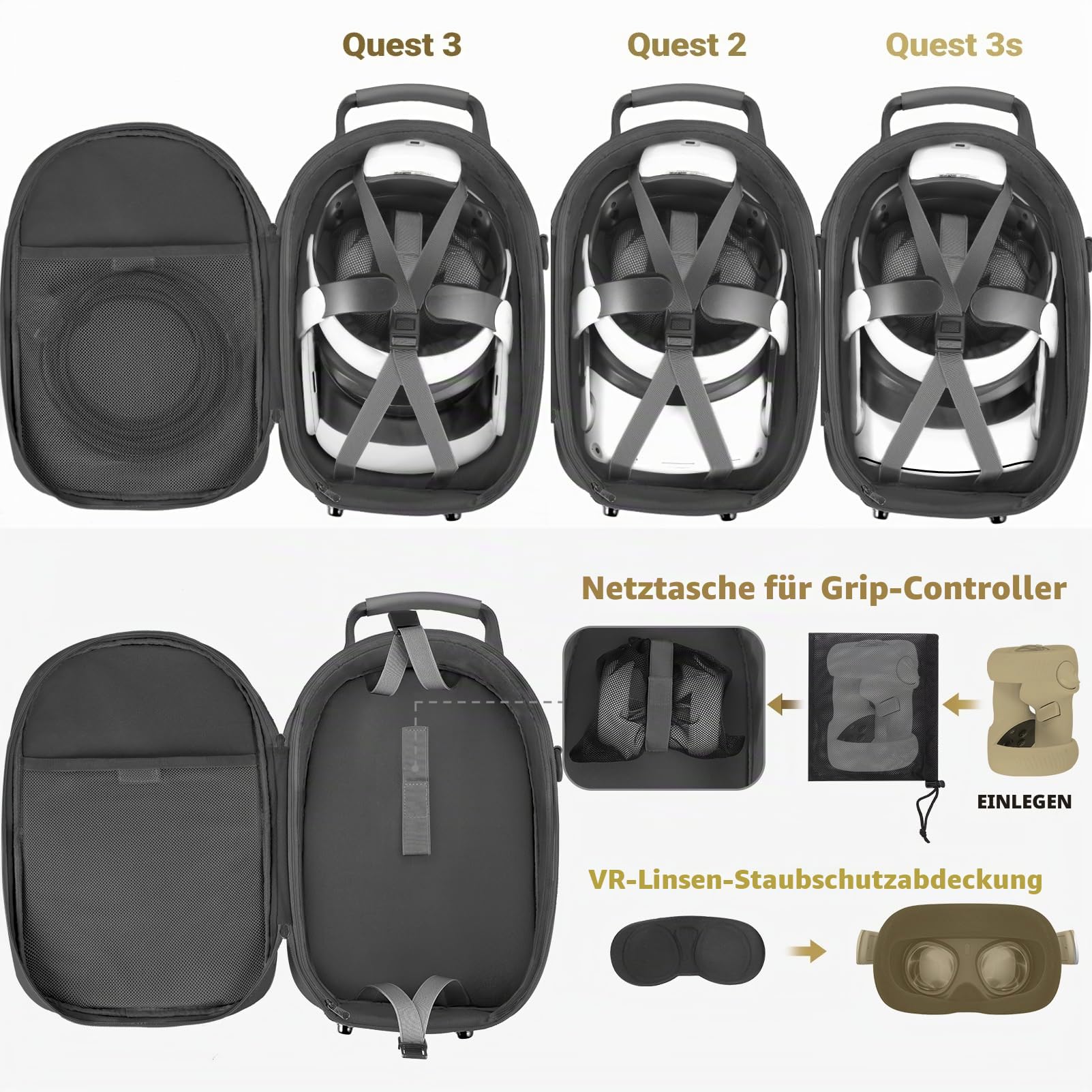 FOREGOER Groß Tragetasche für Meta Quest 3/Quest 3S/Oculus Quest 2 mit Elite Strap, Touch Controllern und anderem VR Zubehör, Harte Case für Oculus Quest 3 Zubehör, VR All-in-One Gaming Headset