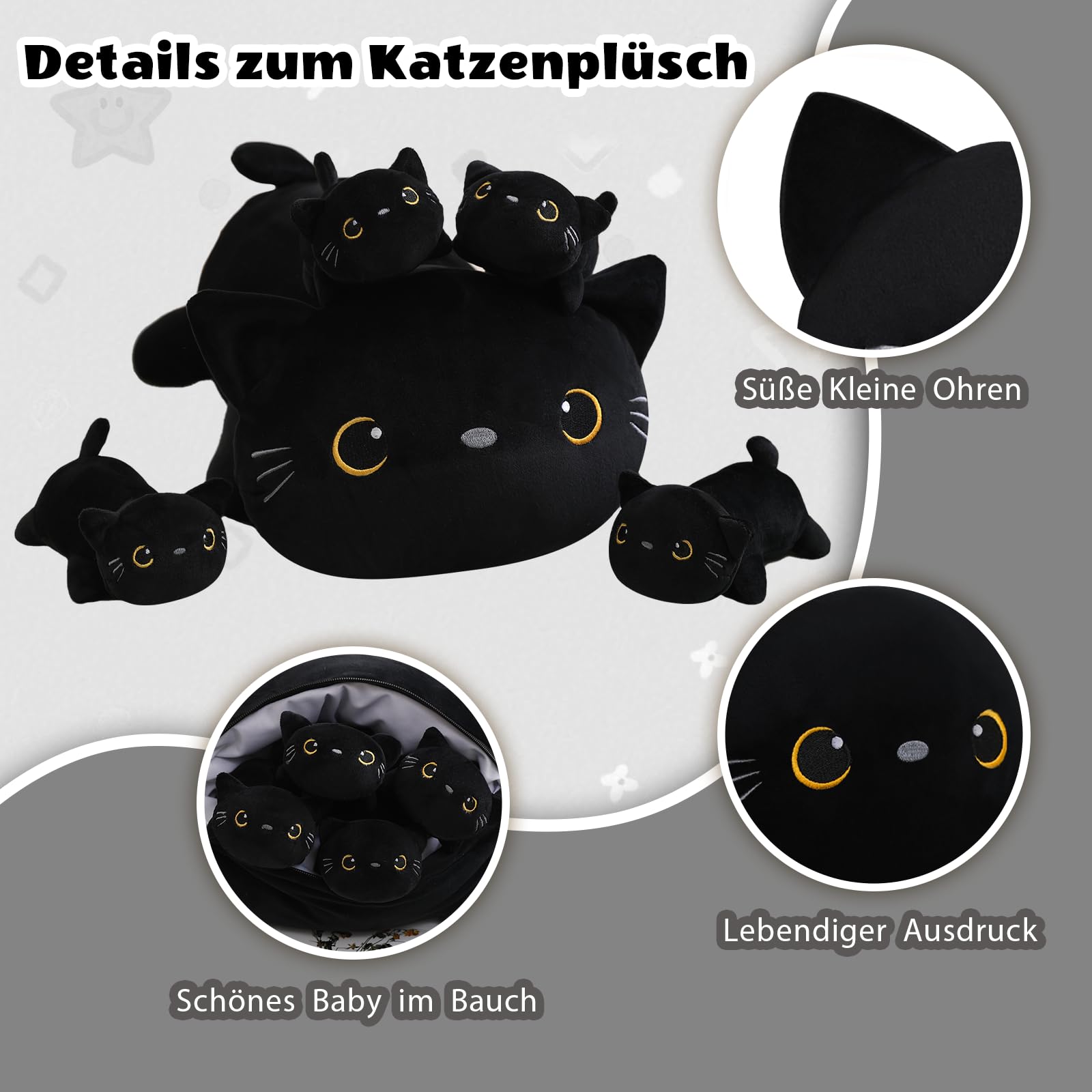 SQEQE Black Cat Plushies wypchane zwierzęta z 4 niemowlętami, śliczny czarny kot, pluszowa poduszka, miękka zabawka, prezent urodzinowy dla dziewcząt, chłopców