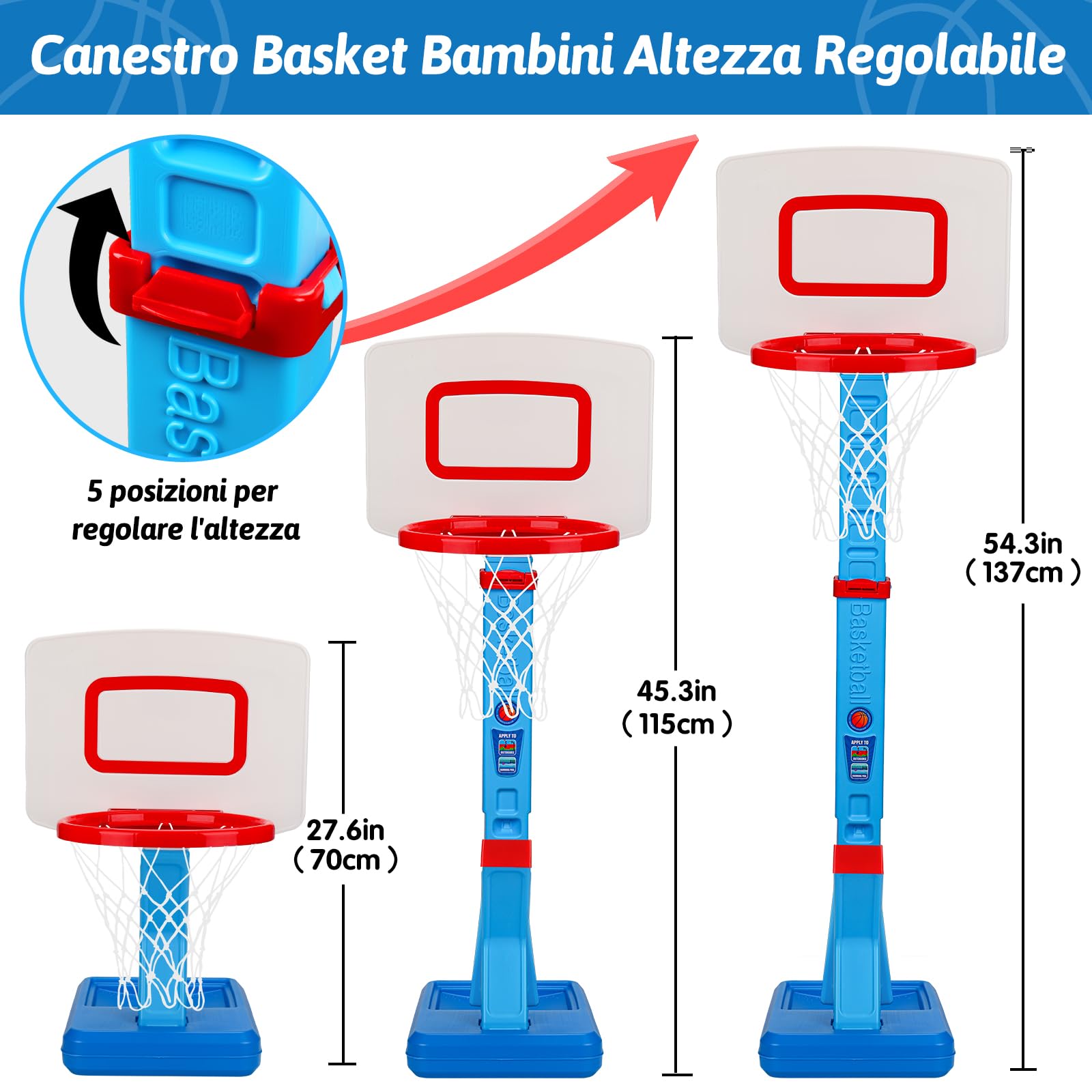Canestro Basket Bambini Esterno Regolabile in Altezza, Canestro Basket da Camera con Pallone da Basket e Pompa, Giochi Bambini 1 2 3 Anni, Regalo 1 2 3 Anni Maschio Femmina (Blu)
