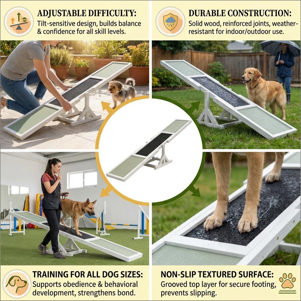 Wooden Agility Seesaw for Dogs, Pet Agility Seesaw, Adjustable Balance Training Equipment with Non-Slip Surface, for Puppy Obedience Practice and Outdoor Dog Sports