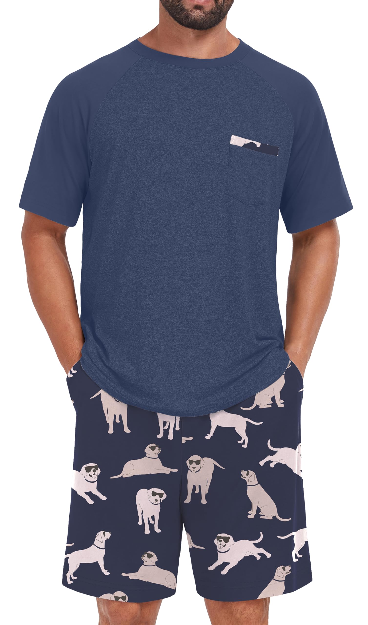 Mens Pajamas Set Shirt and Shorts Lightweight Summer Sleepwear
