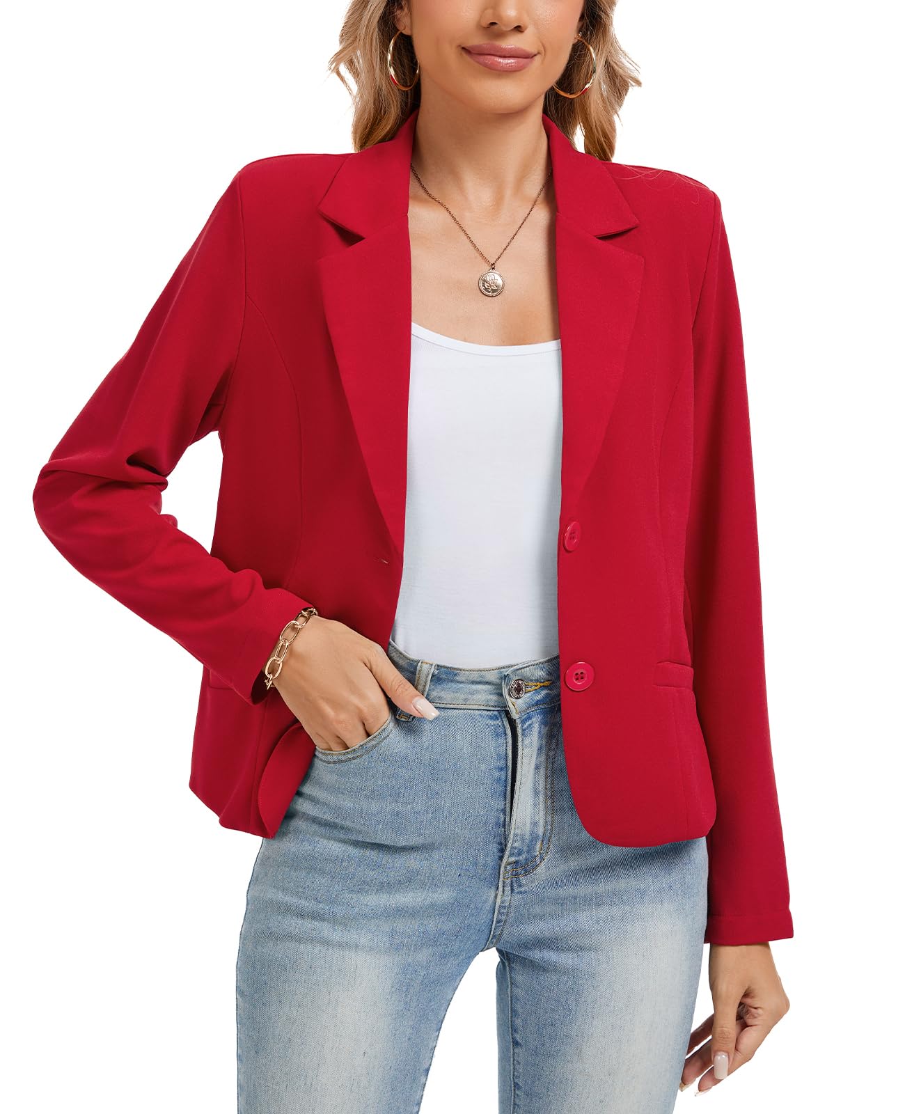 Womens Long Sleeve Blazers Casual Notched Lapel Work Padded Shoulder Button Front Blazer Jackets Pocket