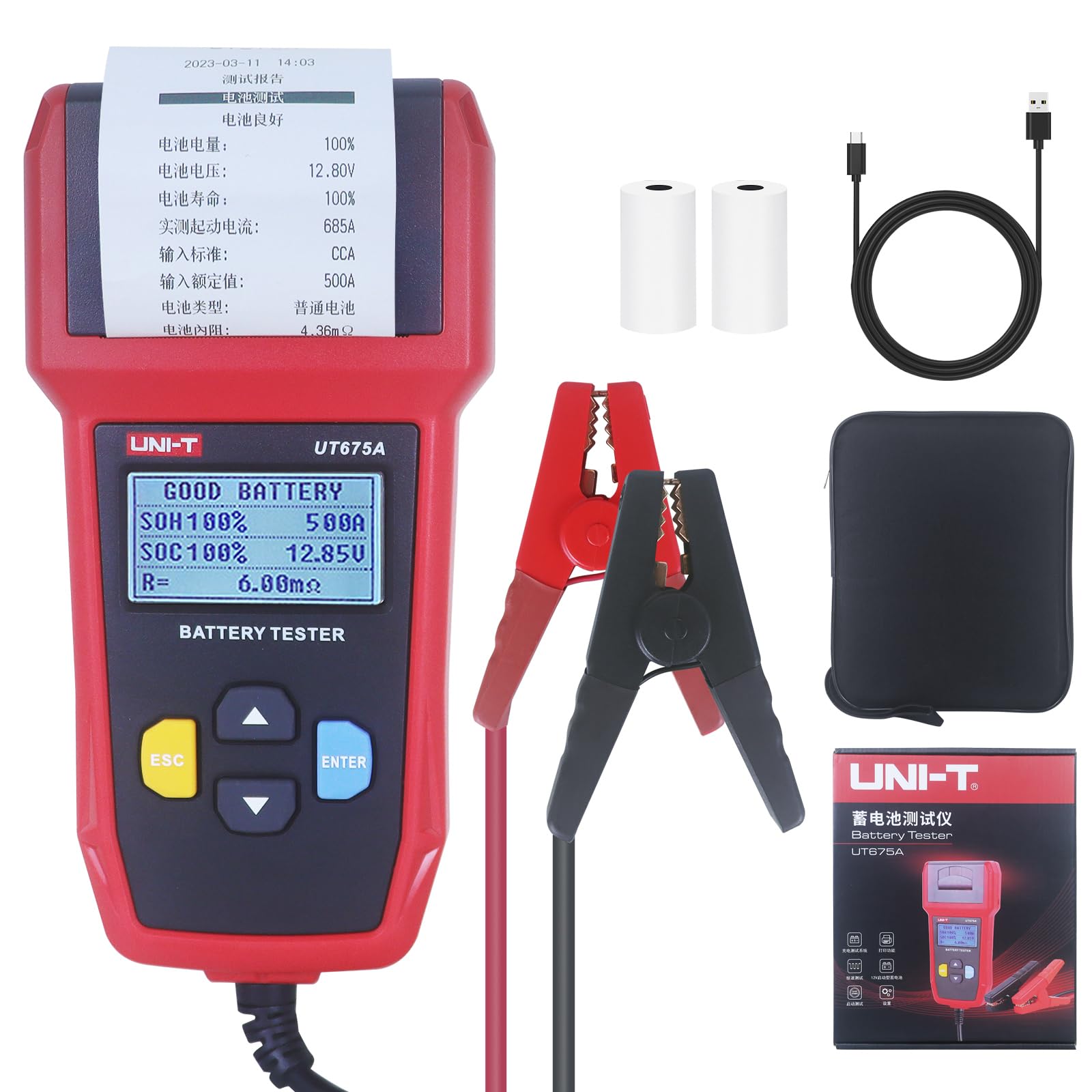 UNI-T UT675A 12V/24V Car Battery Tester 30Ah to 200Ah Print on-line and Real-time Test Digital Battery Load/Voltage Tester, Battery Analyzer&Checker-image-42