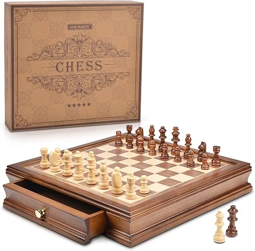 AMEROUS Juego de ajedrez magnético de madera de 12.8 x 12.8 pulgadas con 2 cajones de almacenamiento integrados, 2 reinas adicionales, embalaje de