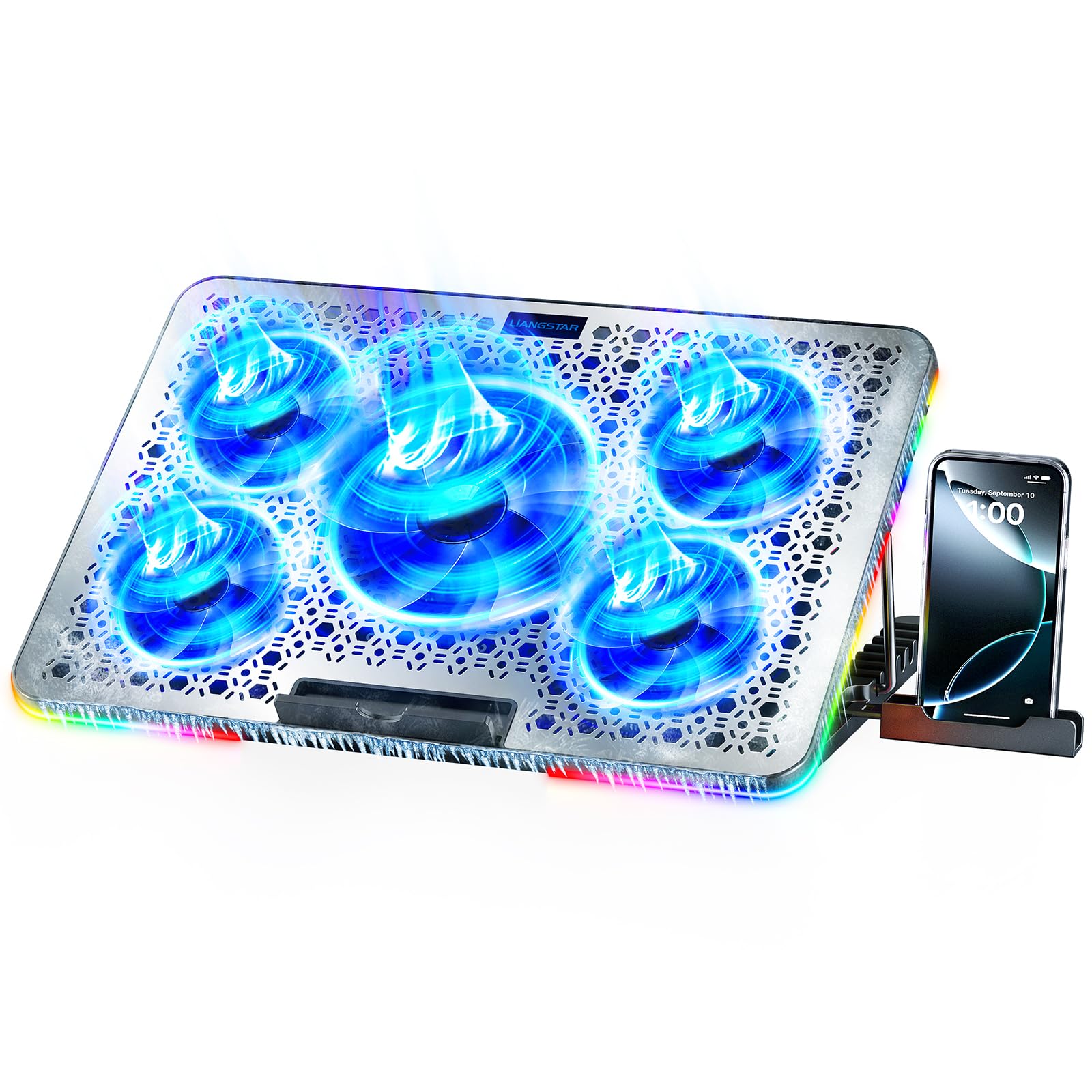 LIANGSTAR Laptop Cooling Pad, Laptop Cooler Gaming 5 Quiet Fans with Large Metal Plate for 12-17.3 Inch Fan Stable Stand, 4 Modes RGB Light, 7 Height & Adjust Speed, 2 USB Port & Phone Holder