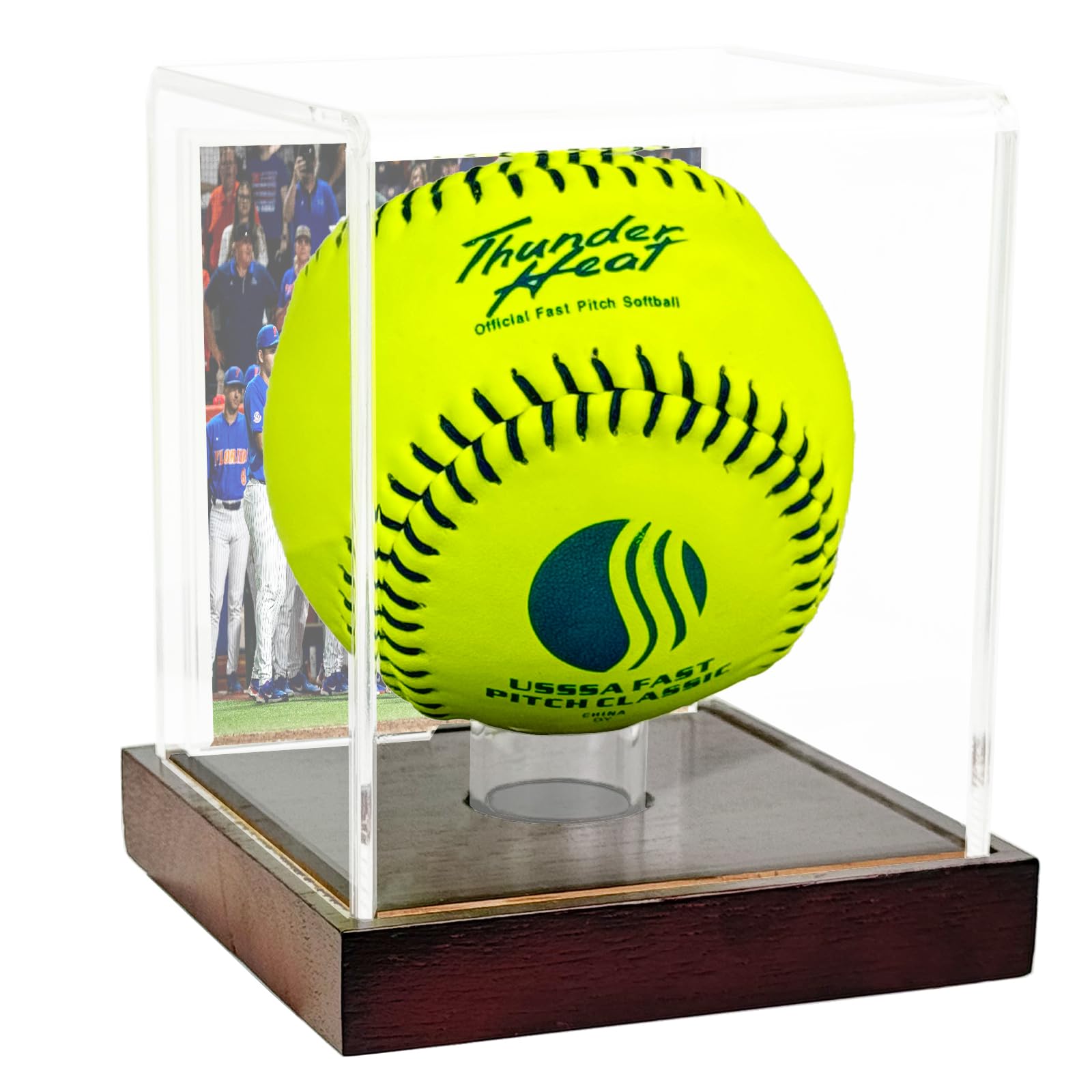 Vitrina de sóftbol, soporte de bola de acrílico transparente, cubo con protección UV con base de madera, caja de colecciones deportivas de campeonato (tamaño de 4.3 pulgadas)