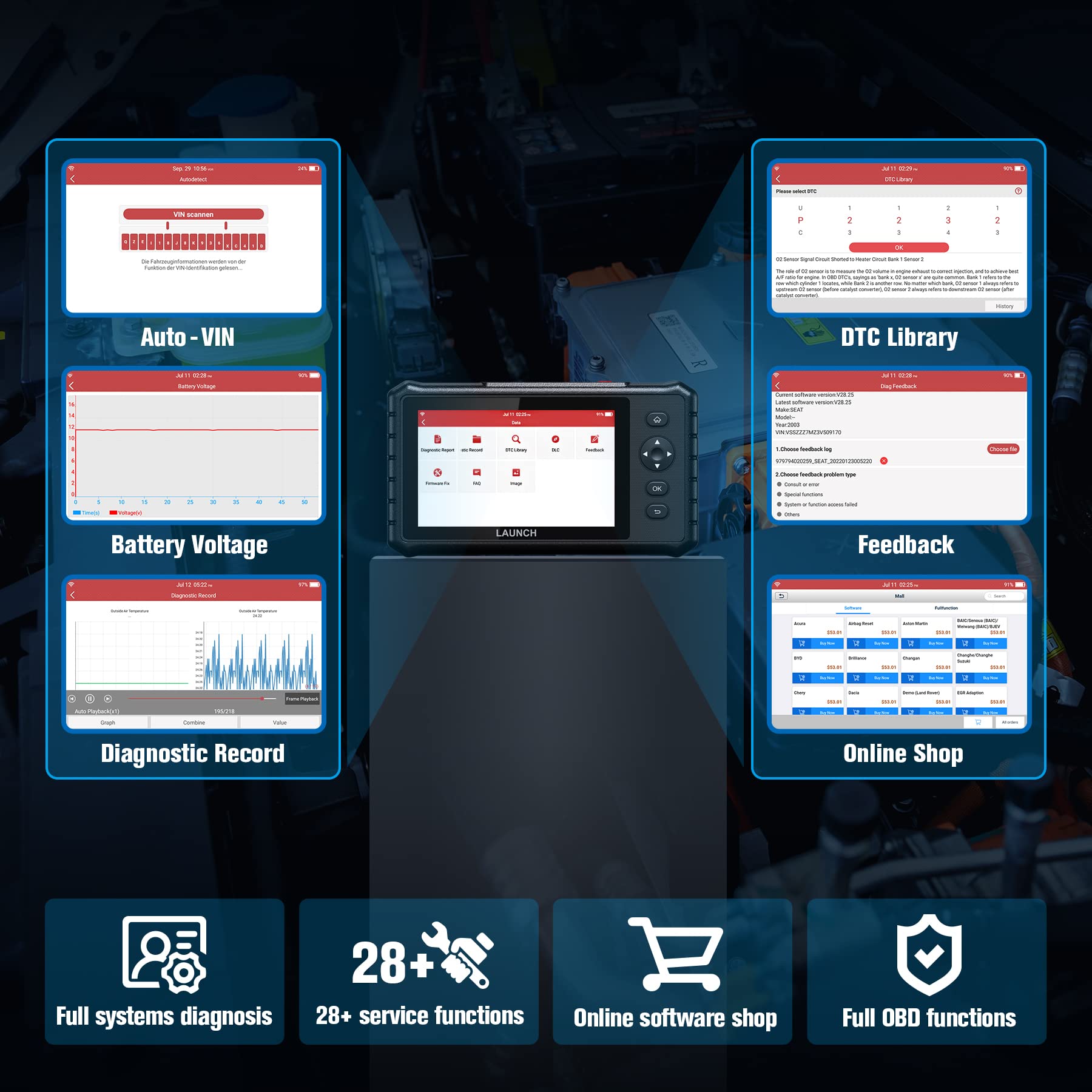 LAUNCH Europe CRP 349 diagnostyka półprofesjonalna & skaner OBD II, wsparcie ponad 75 marek samochodów i 28 funkcji serwisowych, Android 7, Odpowietrzanie układu chłodzenia; Bilans mocy silnika
