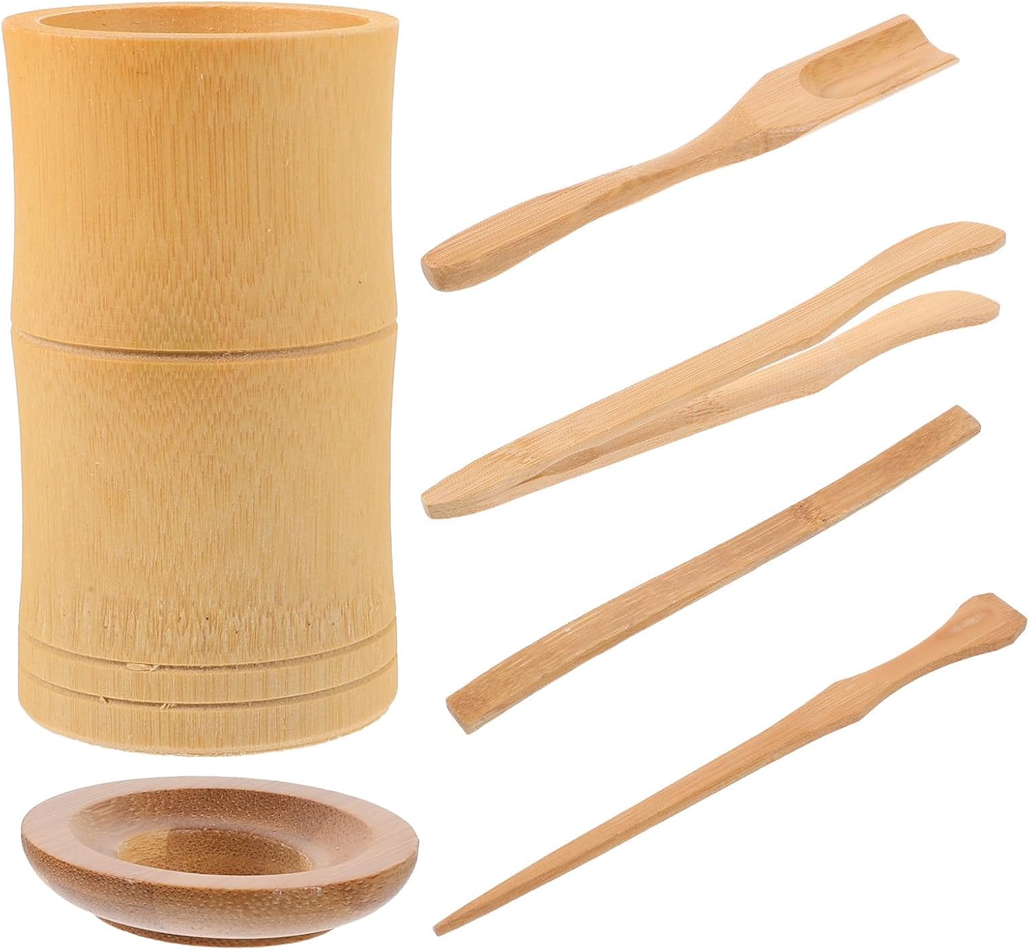 6 Piece Bamboo Tea Scoop Set with Clip, Needle, Spoon and Bucket