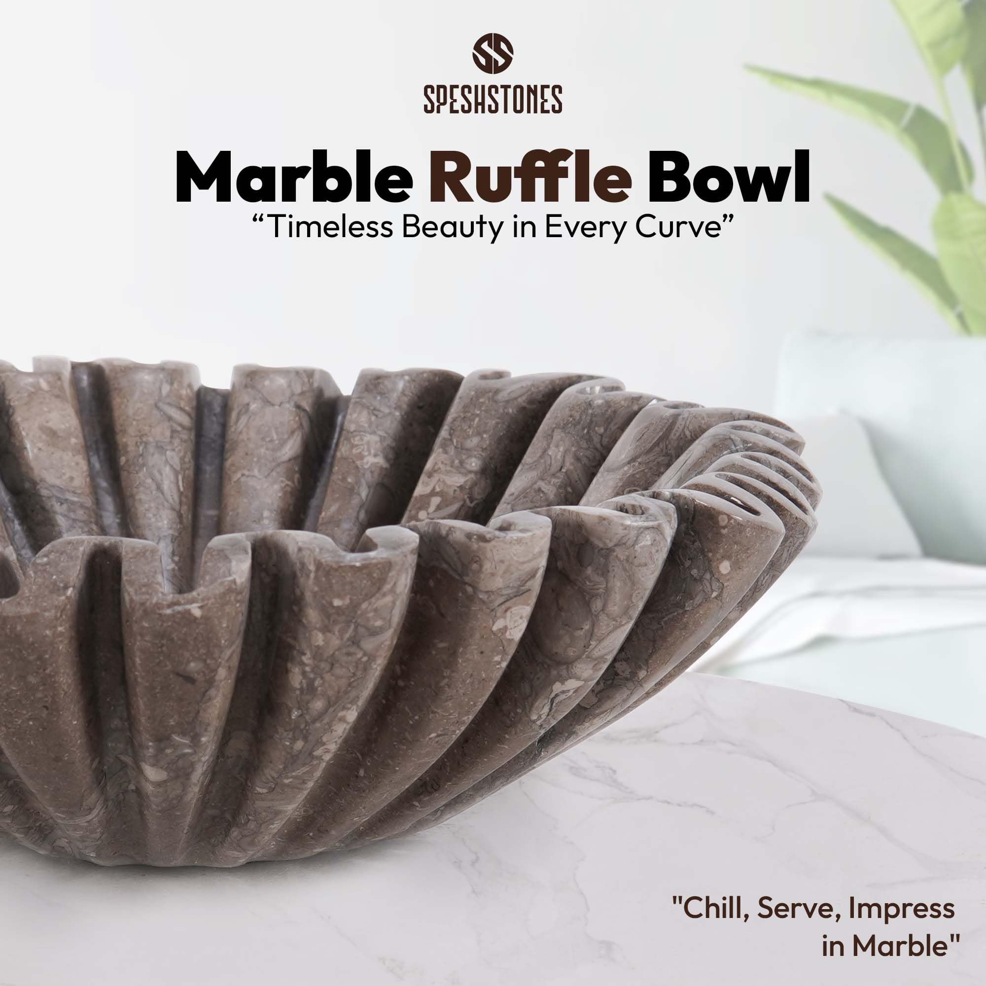 SPESHSTONES Cuenco de mármol con volantes de 10 pulgadas, cuenco decorativo grande para encimera de cocina y centro de mesa de comedor, cuencos modernos de piedra estriados y festoneados para