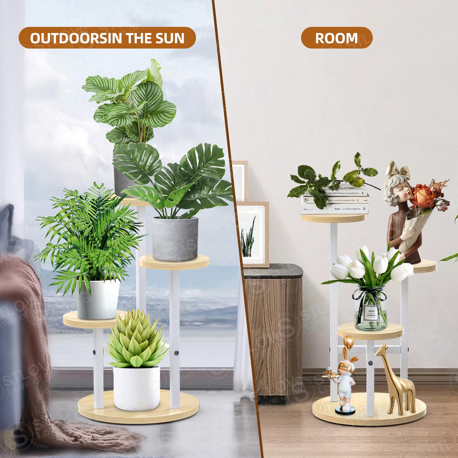 STLOVe® Porte Plante Interieur, Plusieurs Niveaux Plante D'étagère à Fleurs D'angle, Support De Plante En Métal Bois, 3 Niveaux Tabouret Plante, Exterieur Étagères Pour Jardin/Salon(Plante Non Inclus)