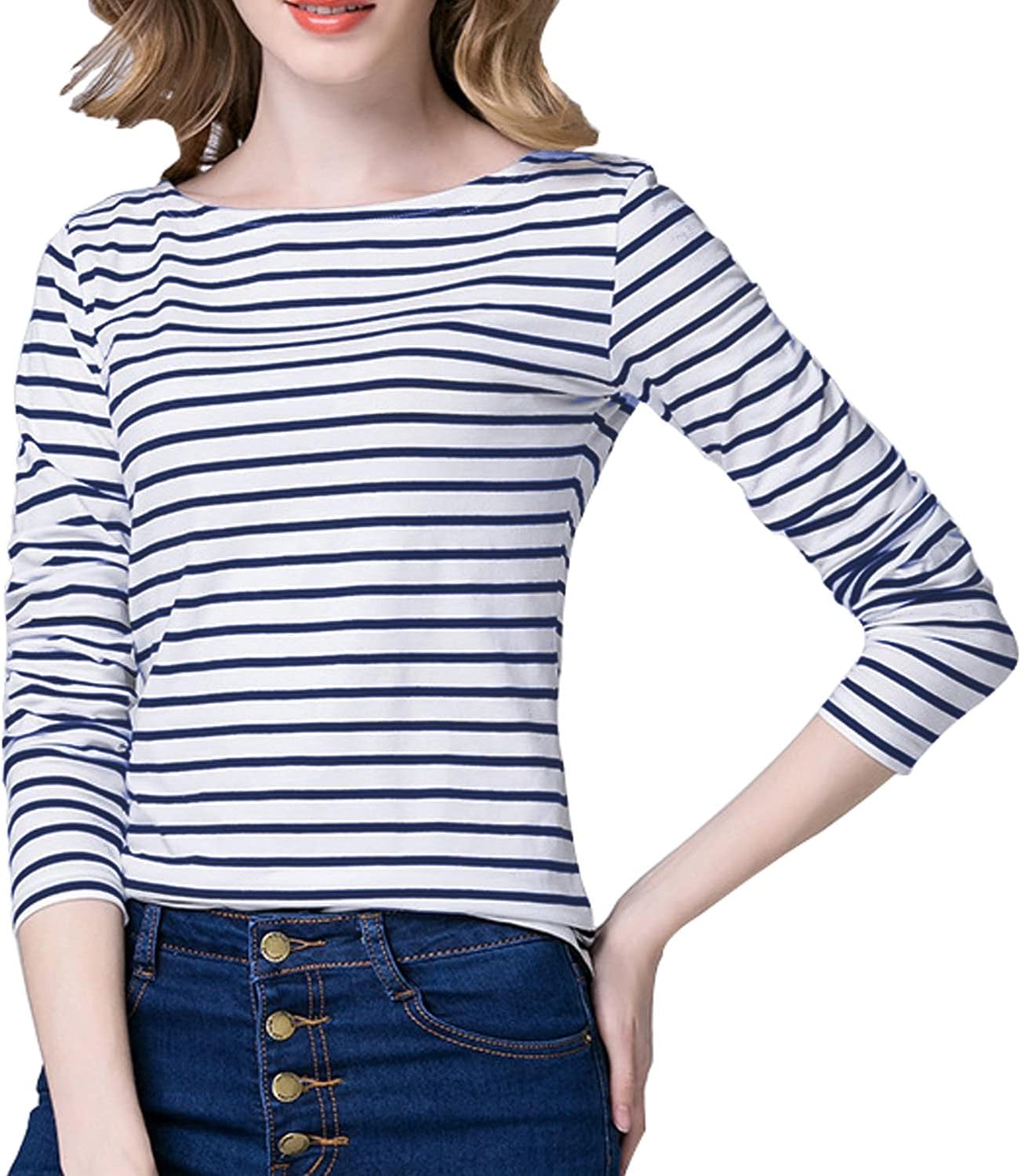 Tulucky Women's Casual Long Sleeve Shirts Stripe Tees Round Neck Tank Tops - Image 2