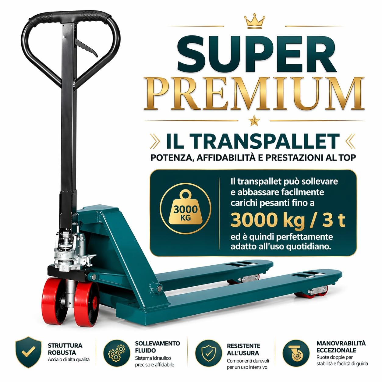 Transpallet Manuale 3000Kg Doppio Rullo Forche 1150x550 mm Carrello Elevatore Sollevatore idraulico 3T per Pallet Europallet Ruote Poliuretano Robusto per Magazzino Logistica Officina