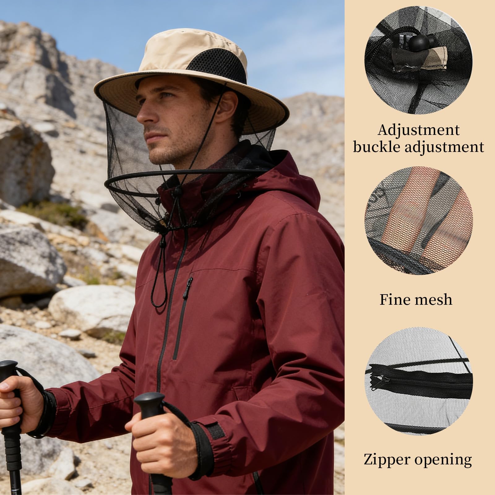 2 Pezzi Cappello Anti Moscerini Pieghevole Cappello Zanzariera Ad Asciugatura Rapida Cappello con Retina per Insetti Adatto per Escursioni all'Aria Aperta Campeggio Apicoltura e Pesca (Beige)