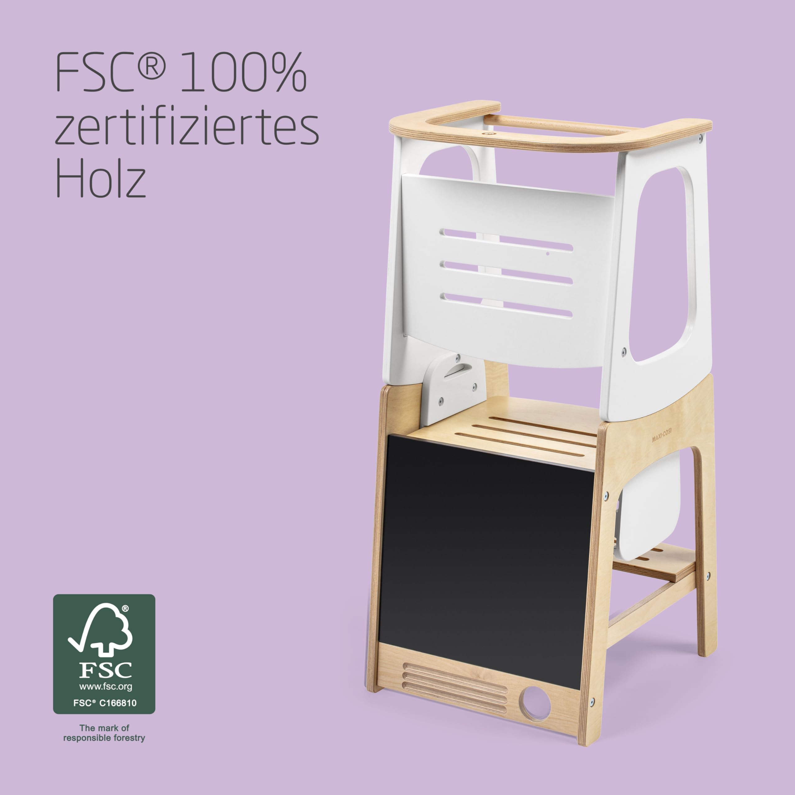 Maxi-Cosi Toucan 3-in-1-Lernturm Montessori Holz, FSC 100% Zertifiziert, 1,5–99+ Jahre, 10–150kg, 3 Höhen