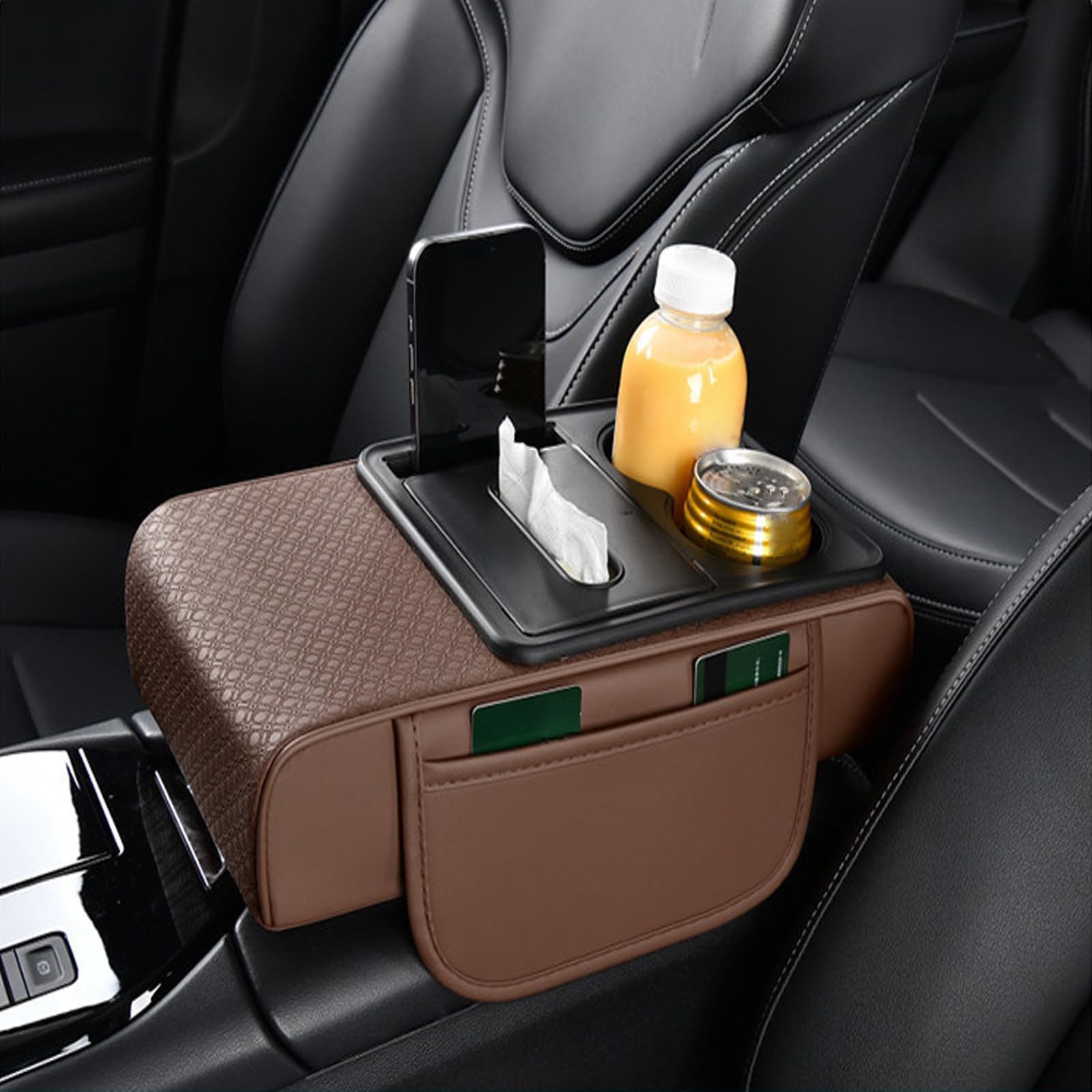 Car Armrest Cover Pad for McLaren 720S 765LT Artura GT Sabre Elva P1 650S 570S 540C MP4 12C, PU Leather Center Console Cushion, Heightening Cushion, Non-Slip Interior Protector with Storage Pocket