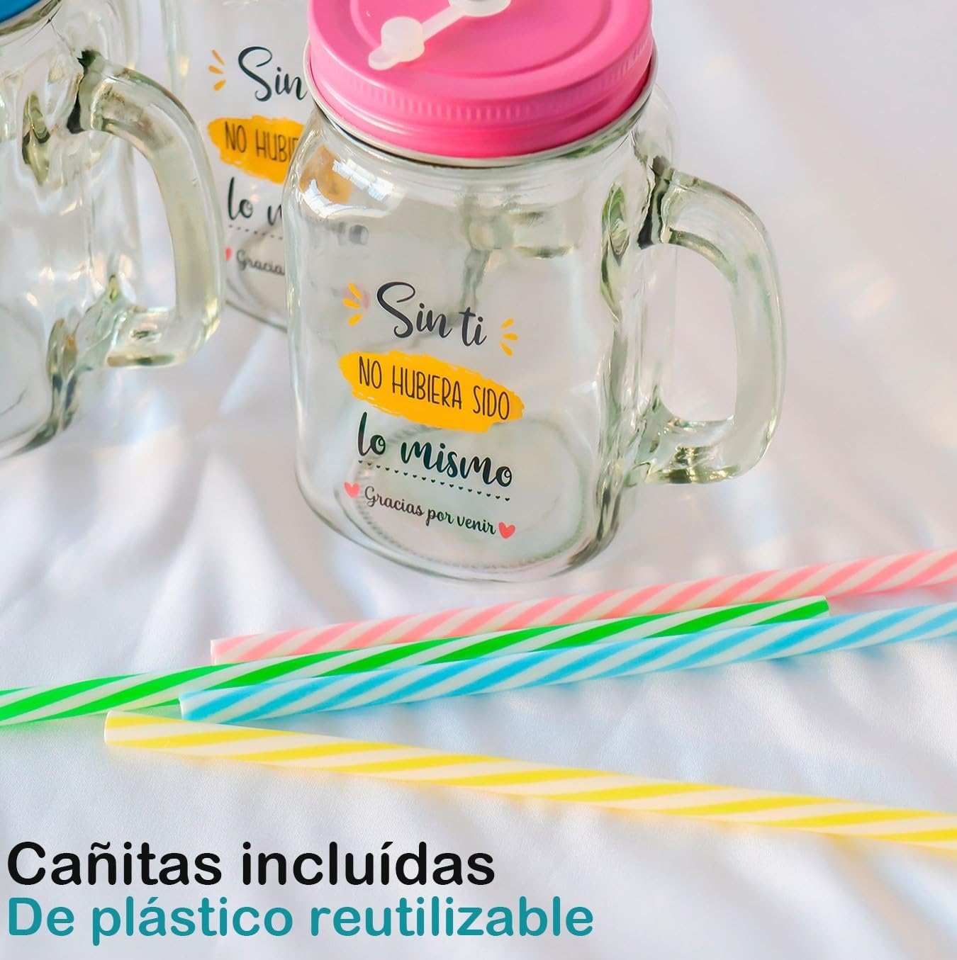 Pack de 6 a 24 uds, Jarras de Cristal con Frases Agradecimiento, Asa y Pajita, 480 ml, 13,5 x 7 cm, Modelos Surtidos No Personalizables, Detalles de Boda para Invitados, Regalantes (24, Surtido)