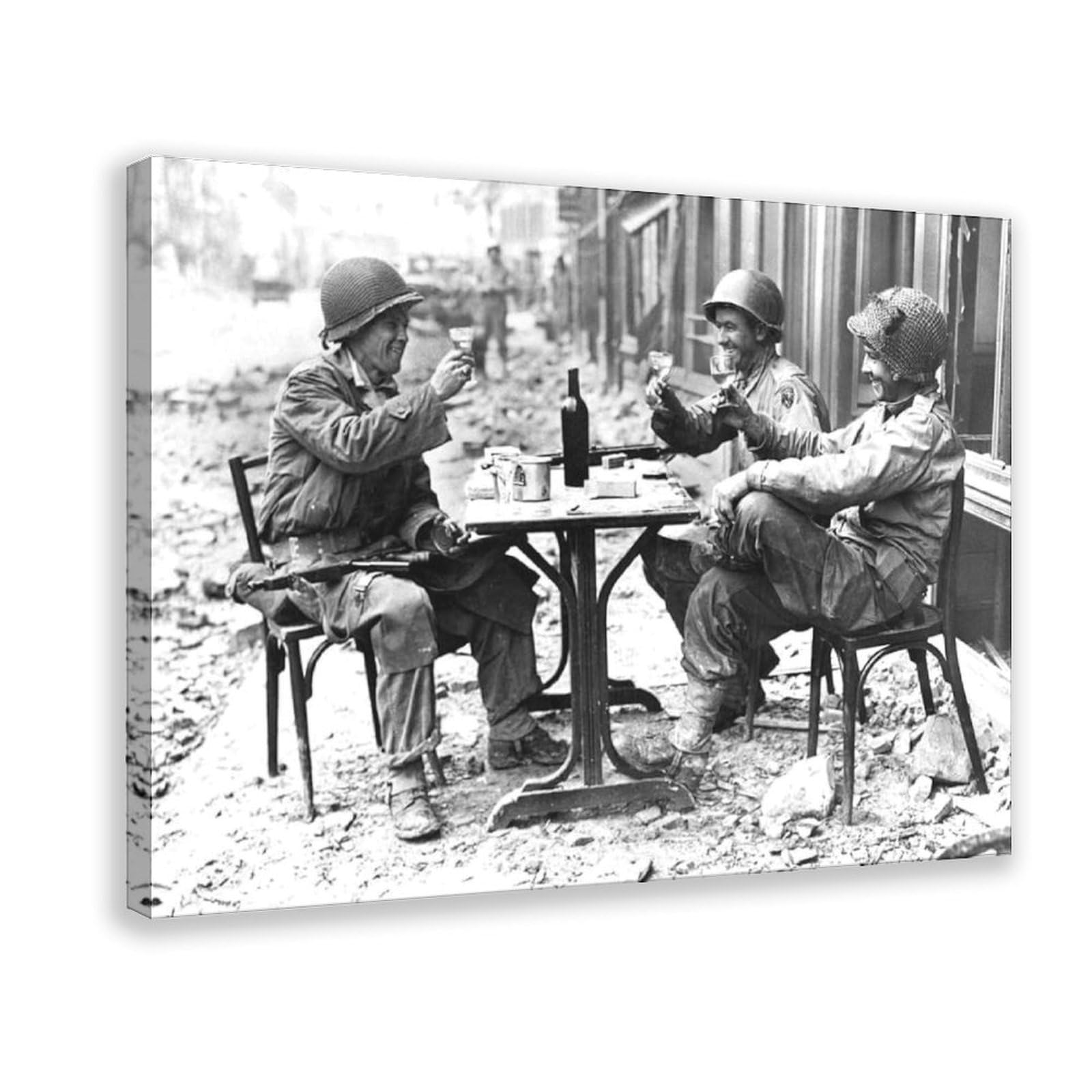WCYB World War Il Paris 1944 Three American Soldiers at A Sidewalk Cafe in France Following Allied Liberation of City August 1944 Prints Posters Canvas Dec