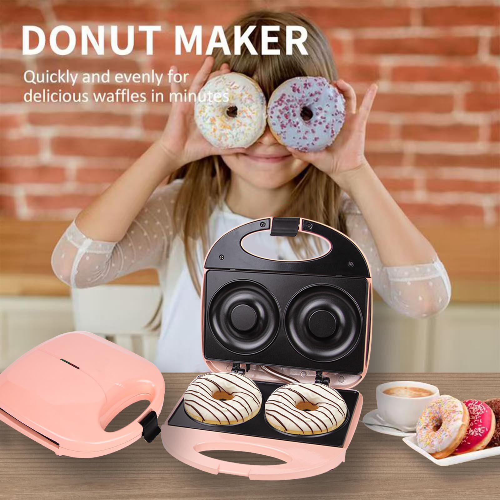 Mini Donut Maker Machine - Makes 2 Large 4-Inch Donuts, Non-Stick, Double-Sided Heating, Easy To Clean (Pink)