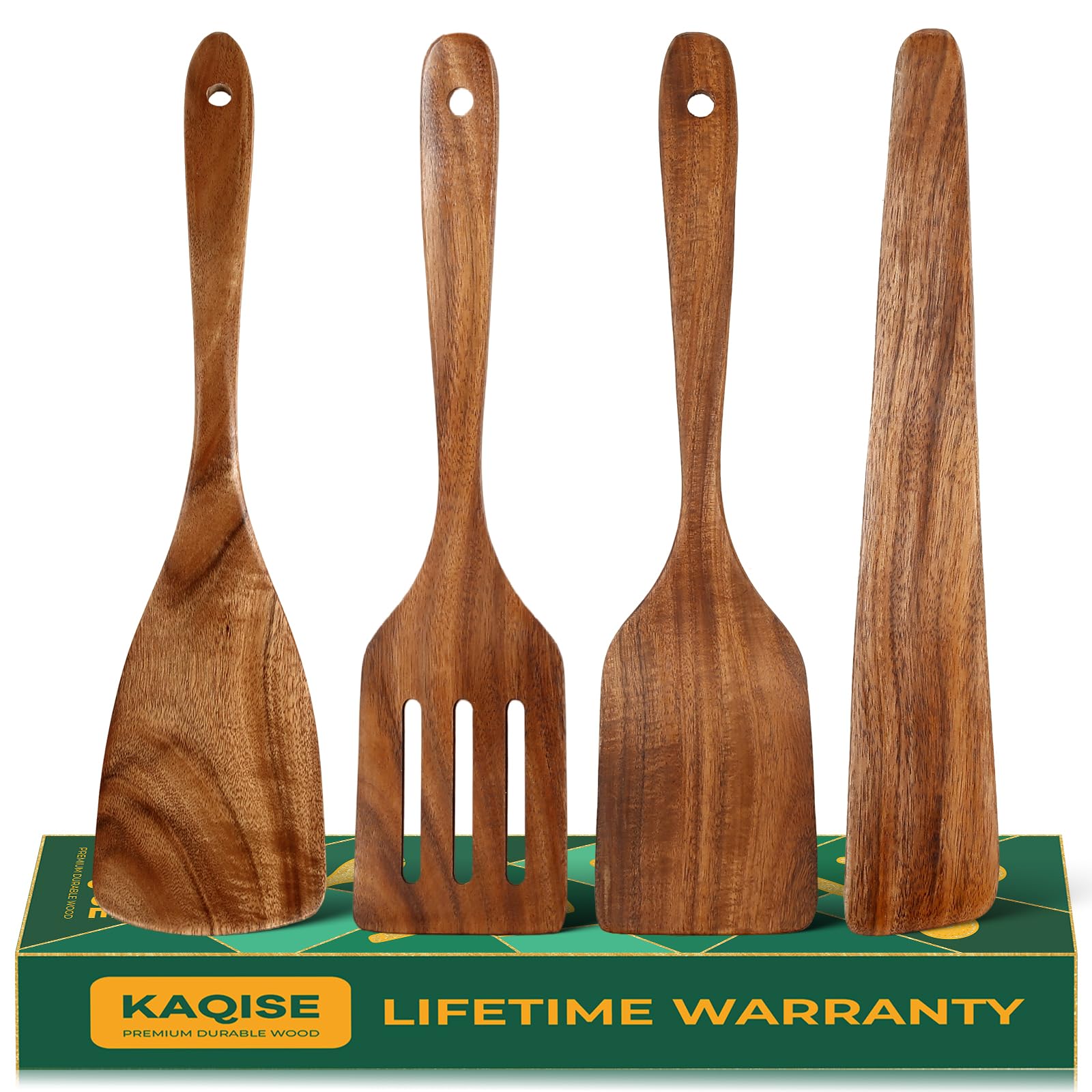 KAQISE Wooden Spatula for Cooking, Natural Teak Wood Utensils including Frying Flat Spatula Turner, Wooden Kitchen Utensils Set (4Pcs)