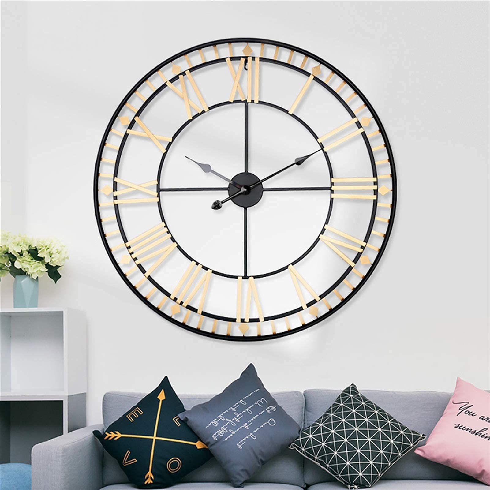 SaryEdge Wall Clock 80Cm Modern 3D Large Retro Iron Round Art Hollow Metal Wall Clock Nordic Roman Numerals Clock,Gold,Gold,Gold