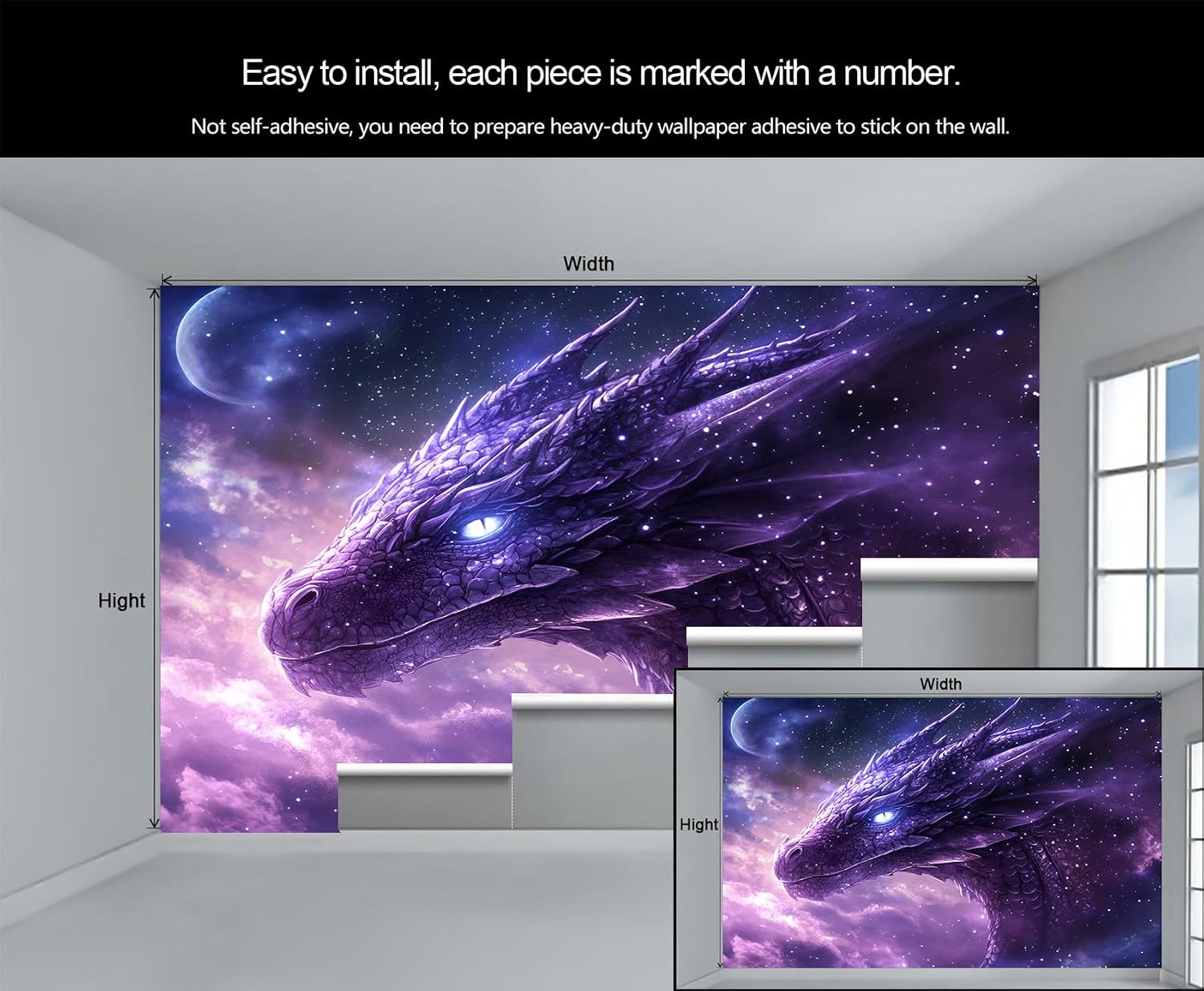Peel and Stick Wallpaper - Dragon Wallpaper for Bedroom, Renter Friendly Wall Paper for Living Room, Fantasy Dragon Wall Paper & Mural - Purple Nebula Animal Large Home Decor