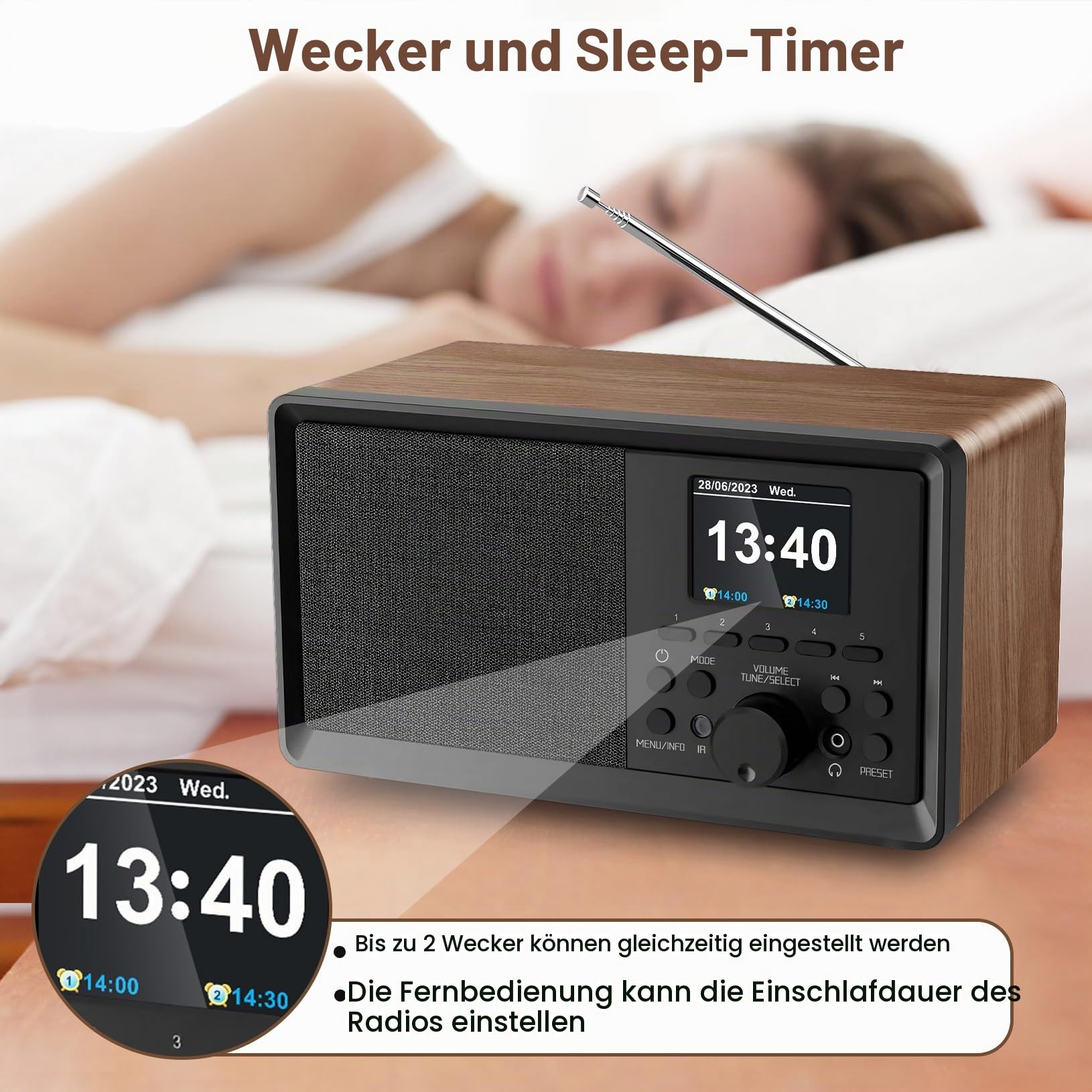 DAB Plus Radio/DAB+ mit Bluetooth 5.0 Digitalradio Nostalgieradios Tragbarer Retro Radio Holz AM/FM/UKW 2.4 Farbdisplay Küchenradio mit Fernbedienung Wecker Zweifacher (Holzmaserung)