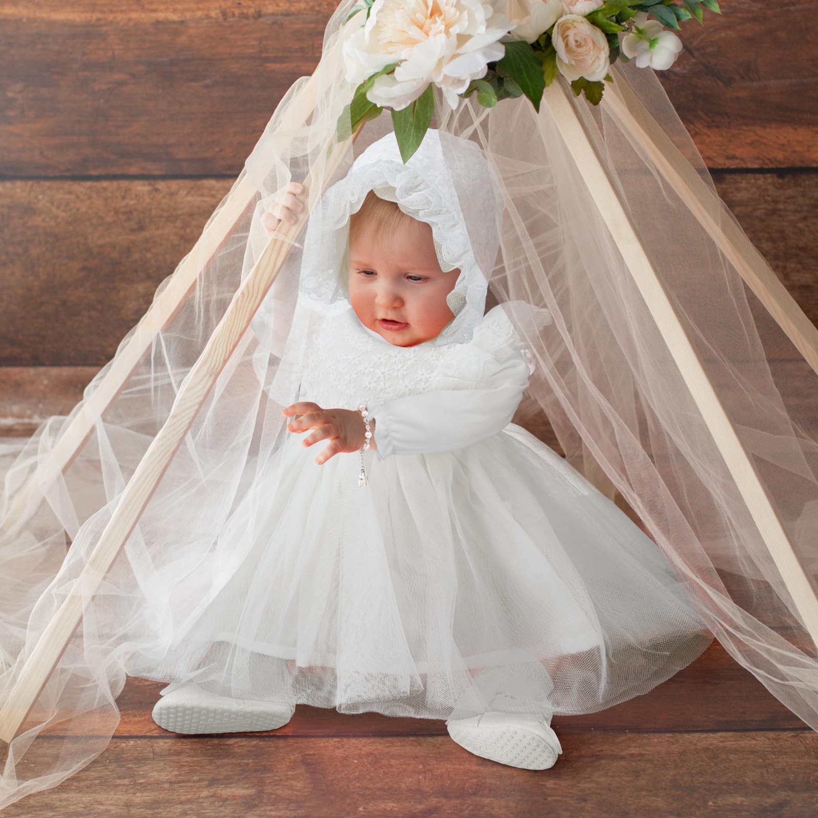 Juego de 5 piezas de vestido de bautizo para niña, incluye vestidos de bautizo, sombrero, cruz, pulsera, calcetines, zapatos