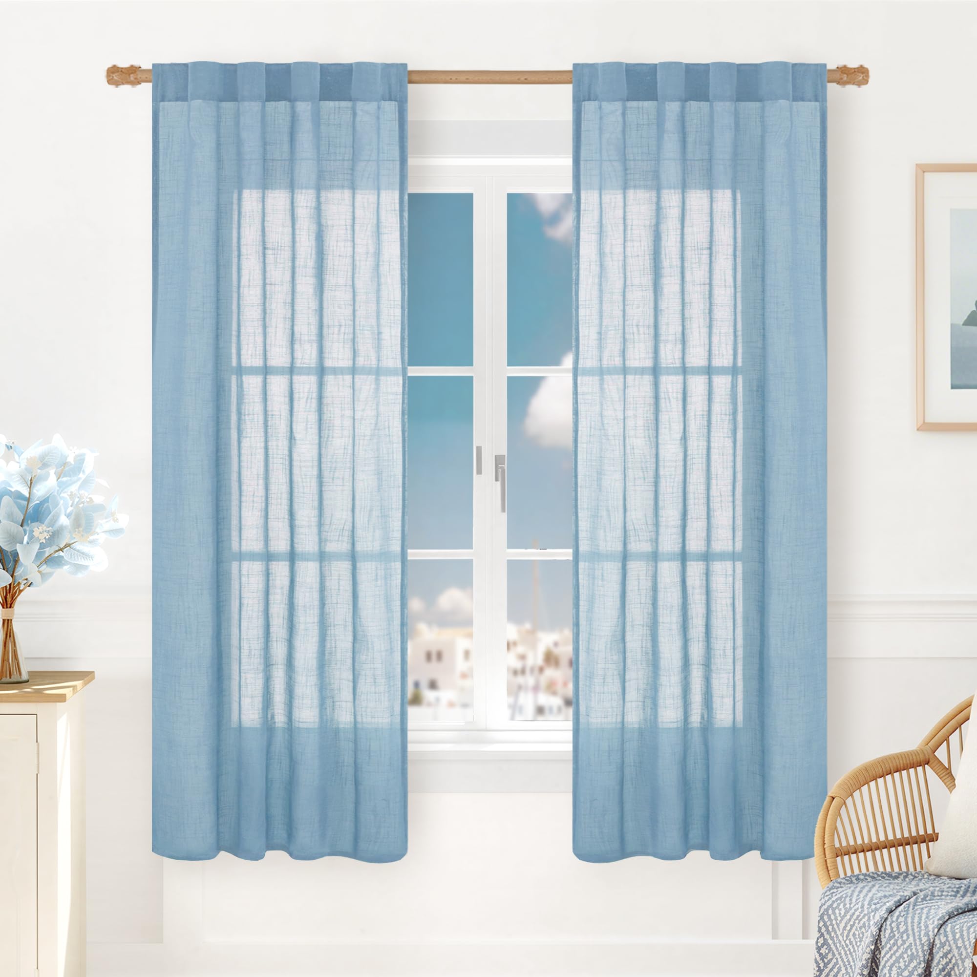 LAMIT Natural Linen Semi Sheer Curtains 84 Inches Long 2 Panels, Living Room Linen Textured Light Filtering Drapes Back Tab and Rod Pocket Neutral Window Panels for Bedroom/Sliding Door, 52 x 84 Inch — view 69