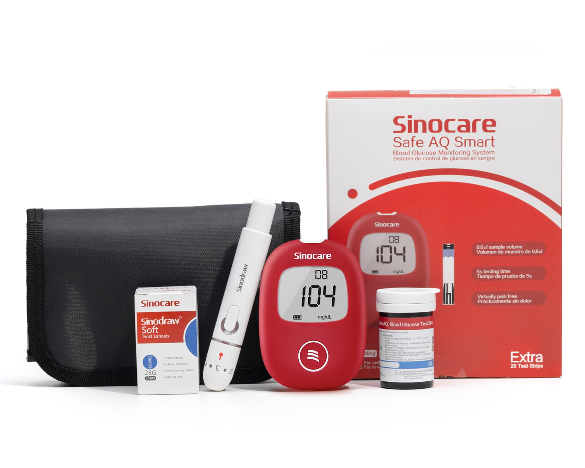 Medidor de Glucosa en Sangre, sinocare Medidor Glucosa Safe AQ Smart con Tiras Glucosa x 25, Glucometro con dispositivos de lanceo x 25 & bolsa de transporte (mg/dL) (safe AQ Smart)